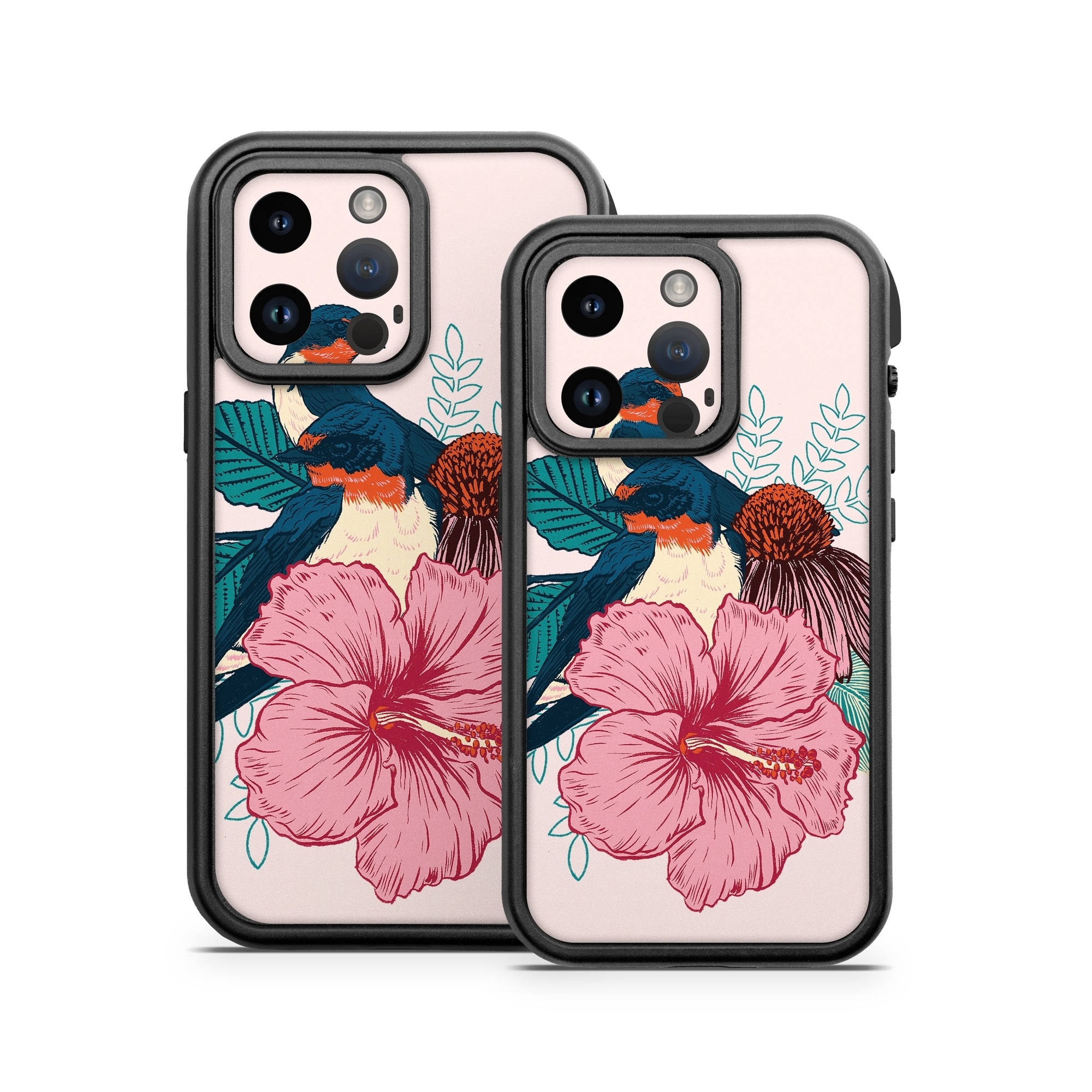 OtterBox Fre iPhone 14 Series Case Skin design of Bird, Hawaiian hibiscus, Hibiscus, Illustration, Chinese hibiscus, Botany, Flower, Plant, Malvales, Mallow family, with blue, pink, green, yellow, red colors