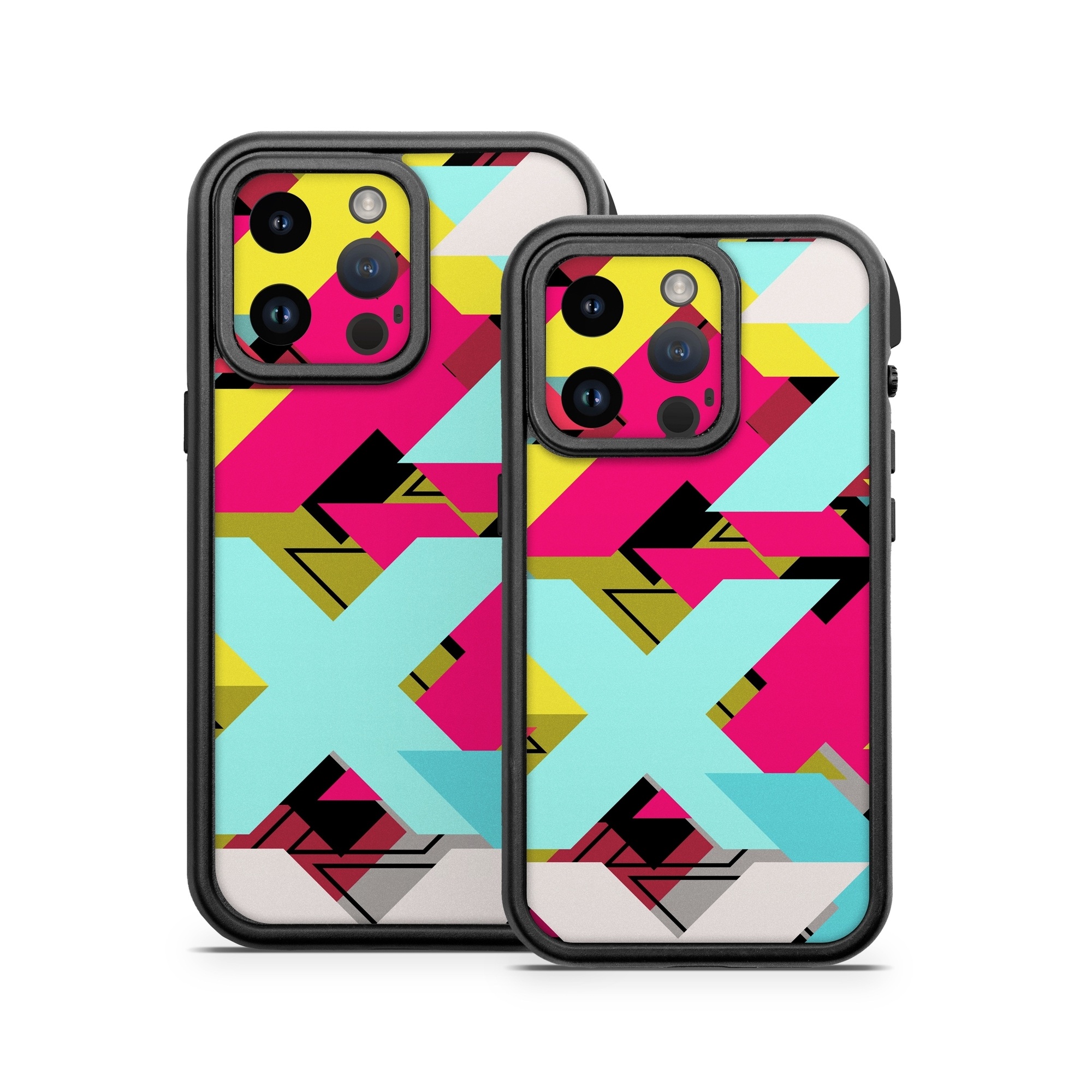 OtterBox Fre iPhone 14 Series Case Skin design of Pattern, Graphic design, Line, Design, Triangle, Font, Illustration, Magenta, Visual arts, with yellow, blue, white, black, red, pink colors