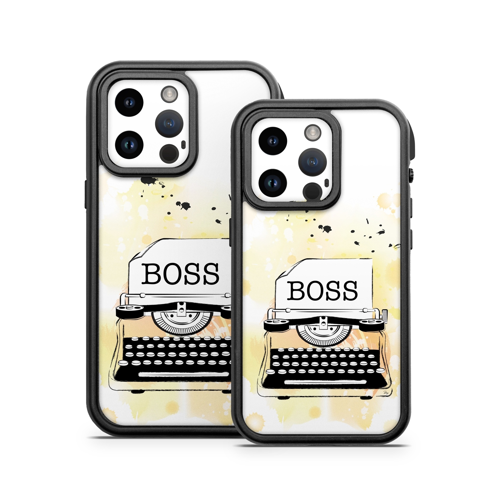 OtterBox Fre iPhone 14 Series Case Skin design of Font, Office equipment, Art, Typewriter, Illustration, Graphics, Painting, Eyelash, Logo, Line art, with white, black, yellow, orange colors