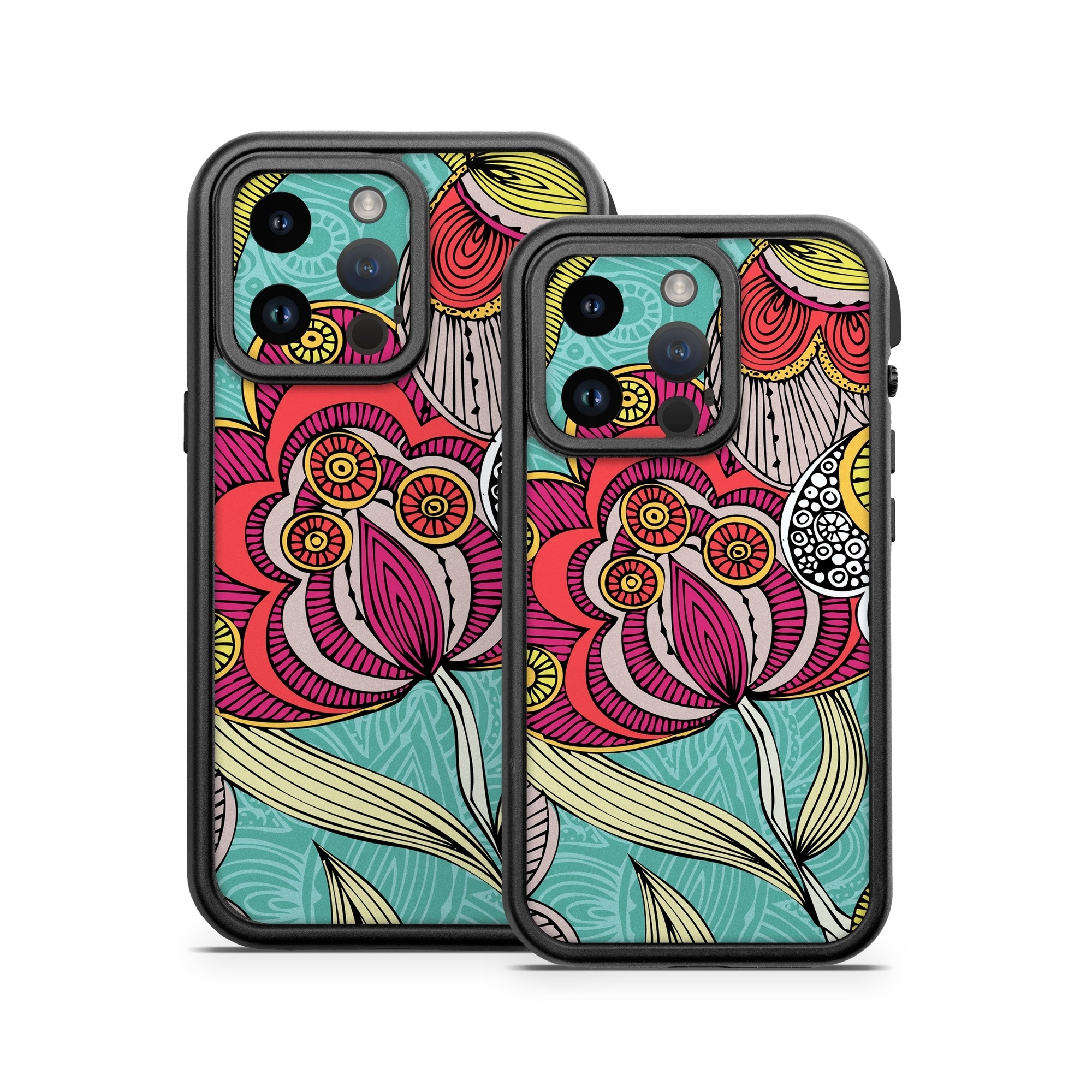 OtterBox Fre iPhone 14 Series Case Skin design of Pattern, Visual arts, Motif, Floral design, Design, Art, Plant, Flower, Organism, Textile, with red, yellow, blue, gray, pink colors