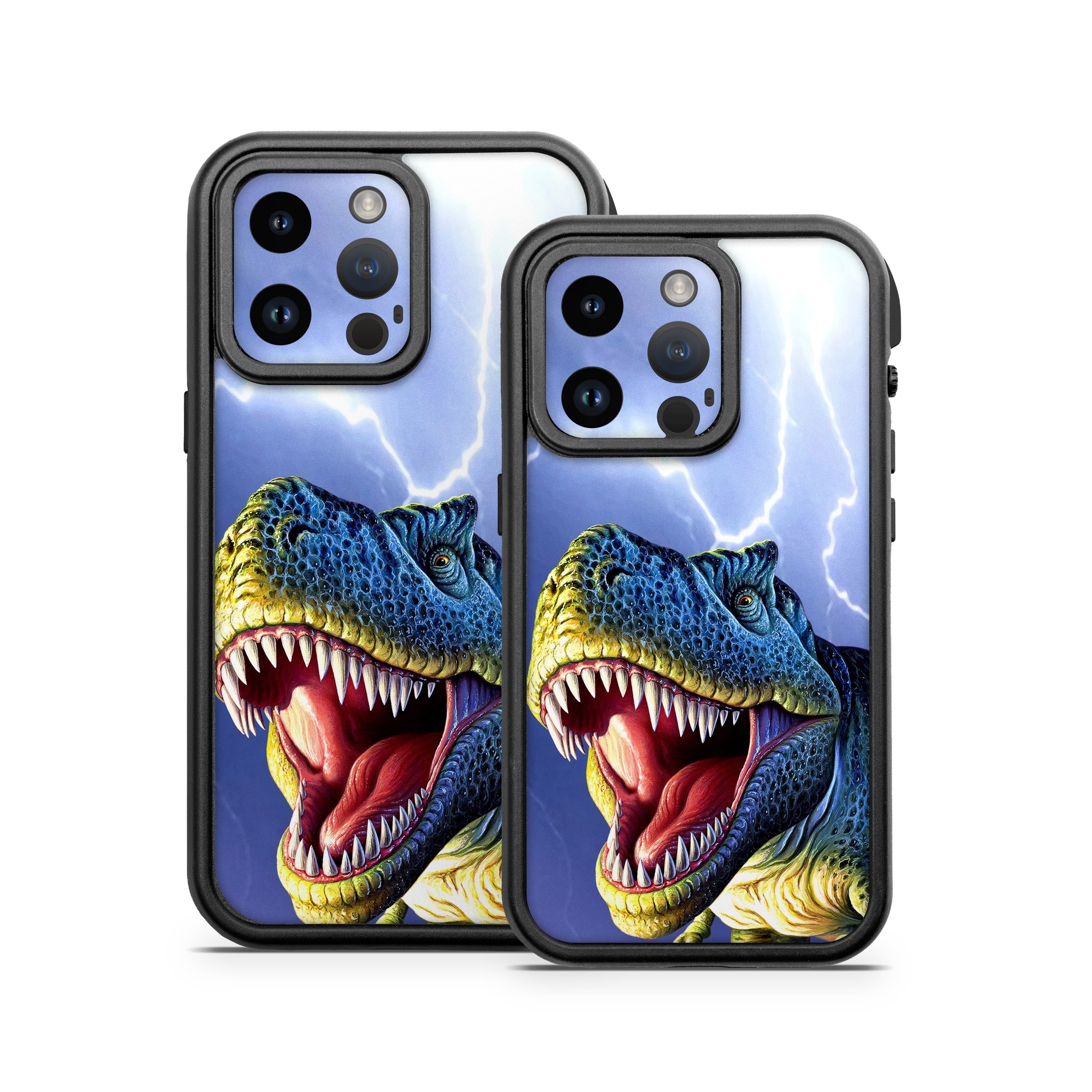 OtterBox Fre iPhone 14 Series Case Skin design of Dinosaur, Extinction, Tyrannosaurus, Velociraptor, Tooth, Jaw, Organism, Mouth, Fictional character, Art, with blue, green, yellow, orange, red colors