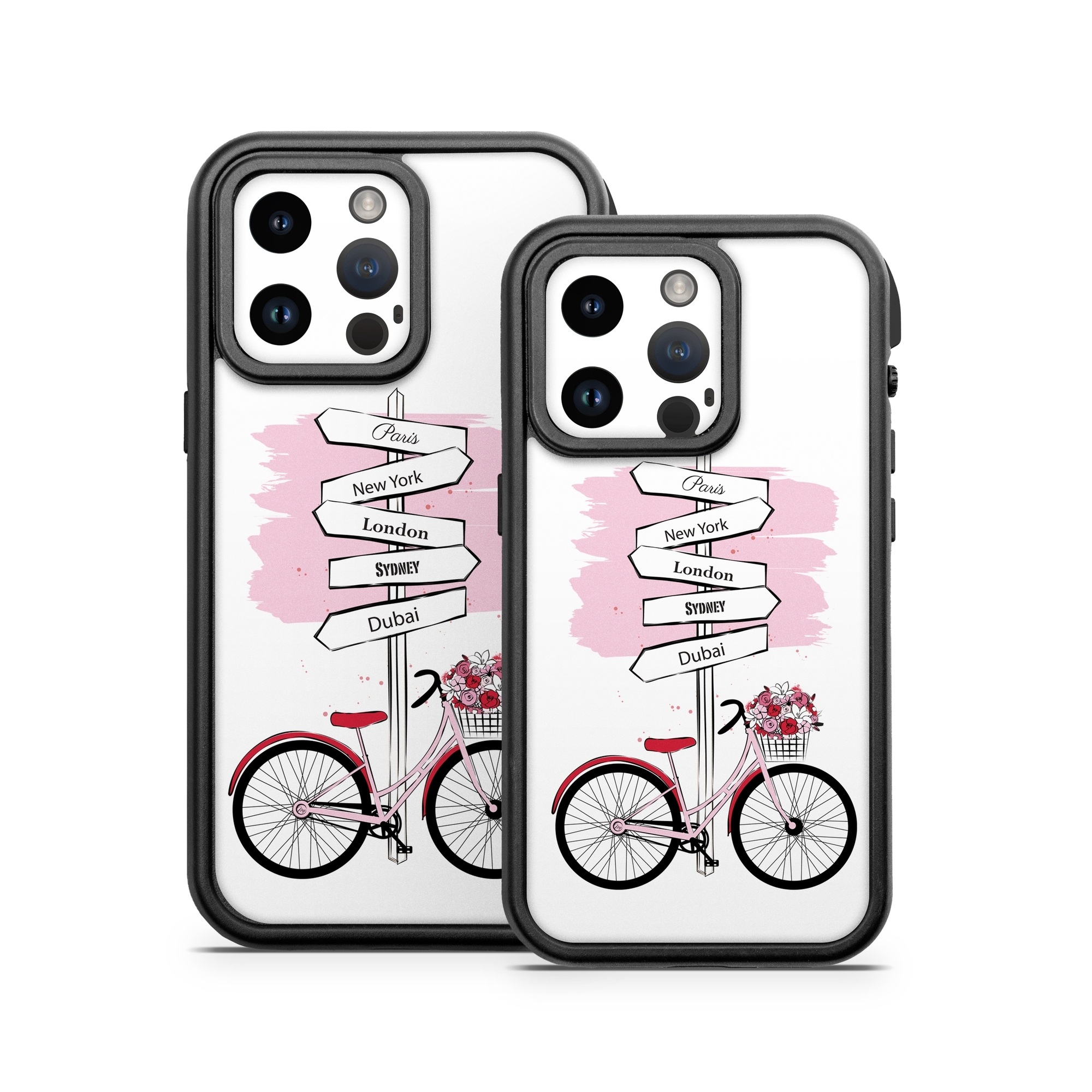 OtterBox Fre iPhone 14 Series Case Skin design of Bicycle, Wheel, Bicycles--Equipment and supplies, Tire, Bicycle tire, Bicycle frame, Bicycle wheel, Bicycle wheel rim, Vehicle, Bicycle fork, with white, black, red, pink colors