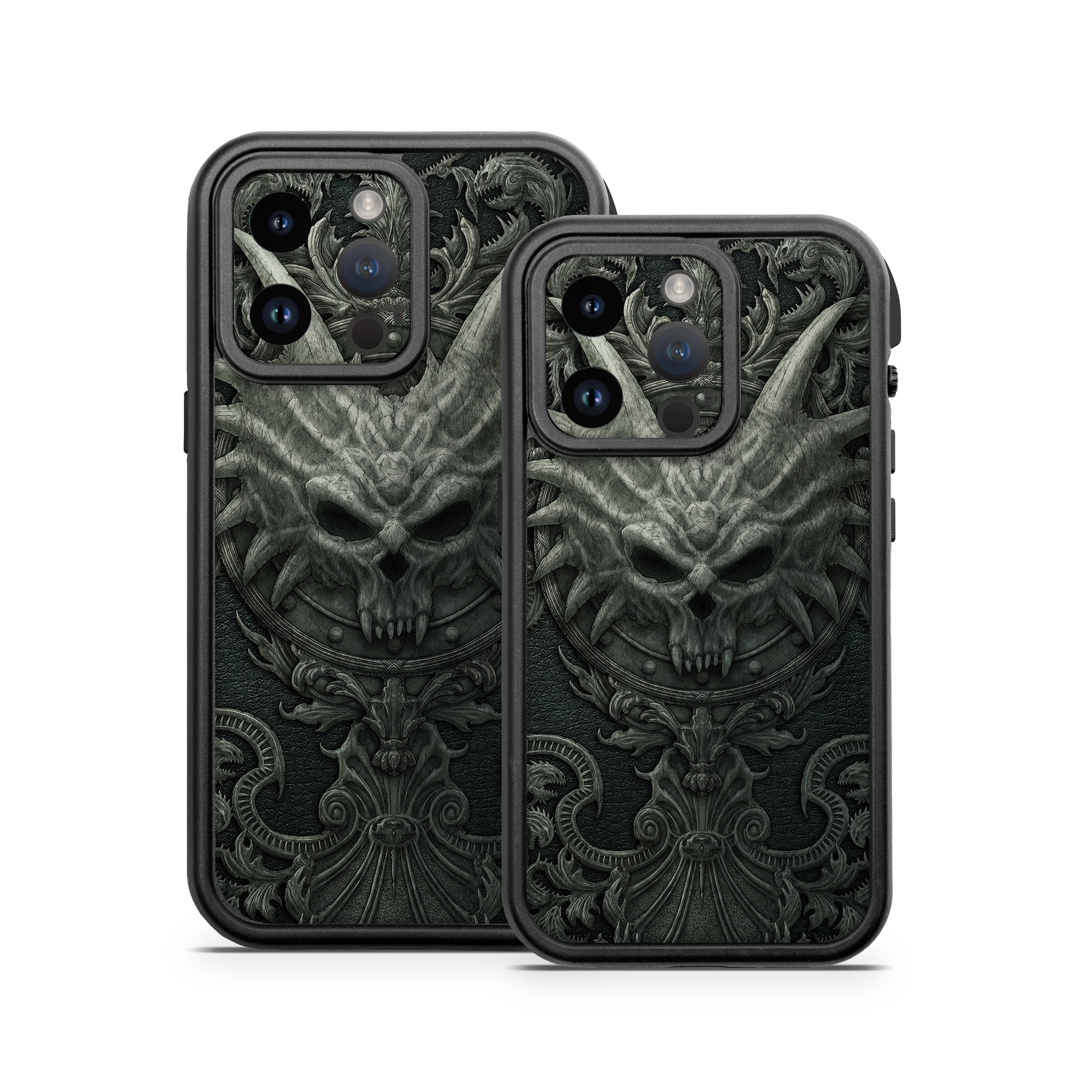 OtterBox Fre iPhone 14 Series Case Skin design of Demon, Dragon, Fictional character, Illustration, Supernatural creature, Drawing, Symmetry, Art, Mythology, Mythical creature, with black, gray colors
