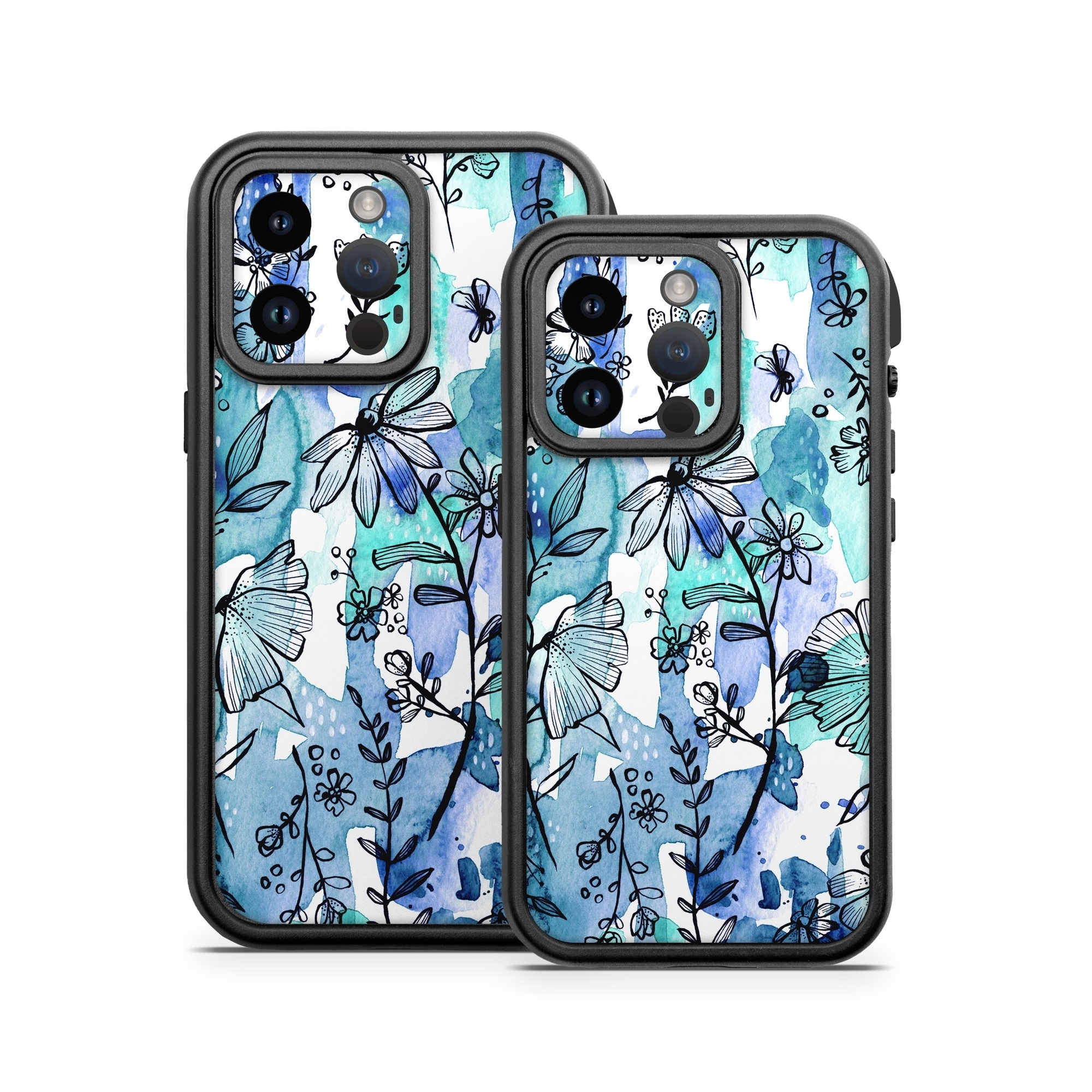 OtterBox Fre iPhone 14 Series Case Skin design of Blue, Pattern, Turquoise, Aqua, Design, Textile, Wildflower, Plant, Wrapping paper, Gift wrapping, with blue, white, black, purple colors