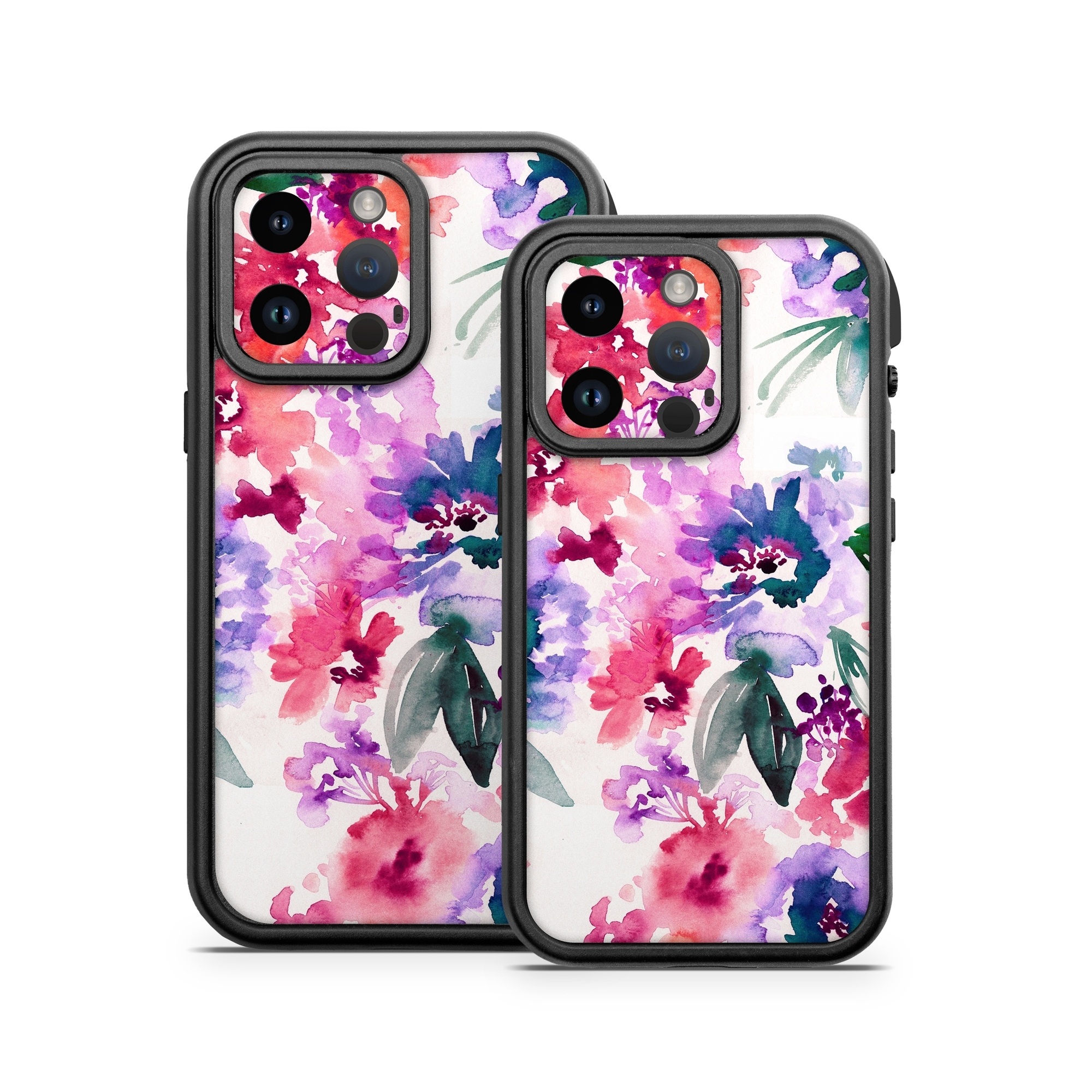 OtterBox Fre iPhone 14 Series Case Skin design of Purple, Pattern, Pink, Lilac, Violet, Flower, Watercolor paint, Floral design, Plant, Design, with green, pink, red, purple, white colors