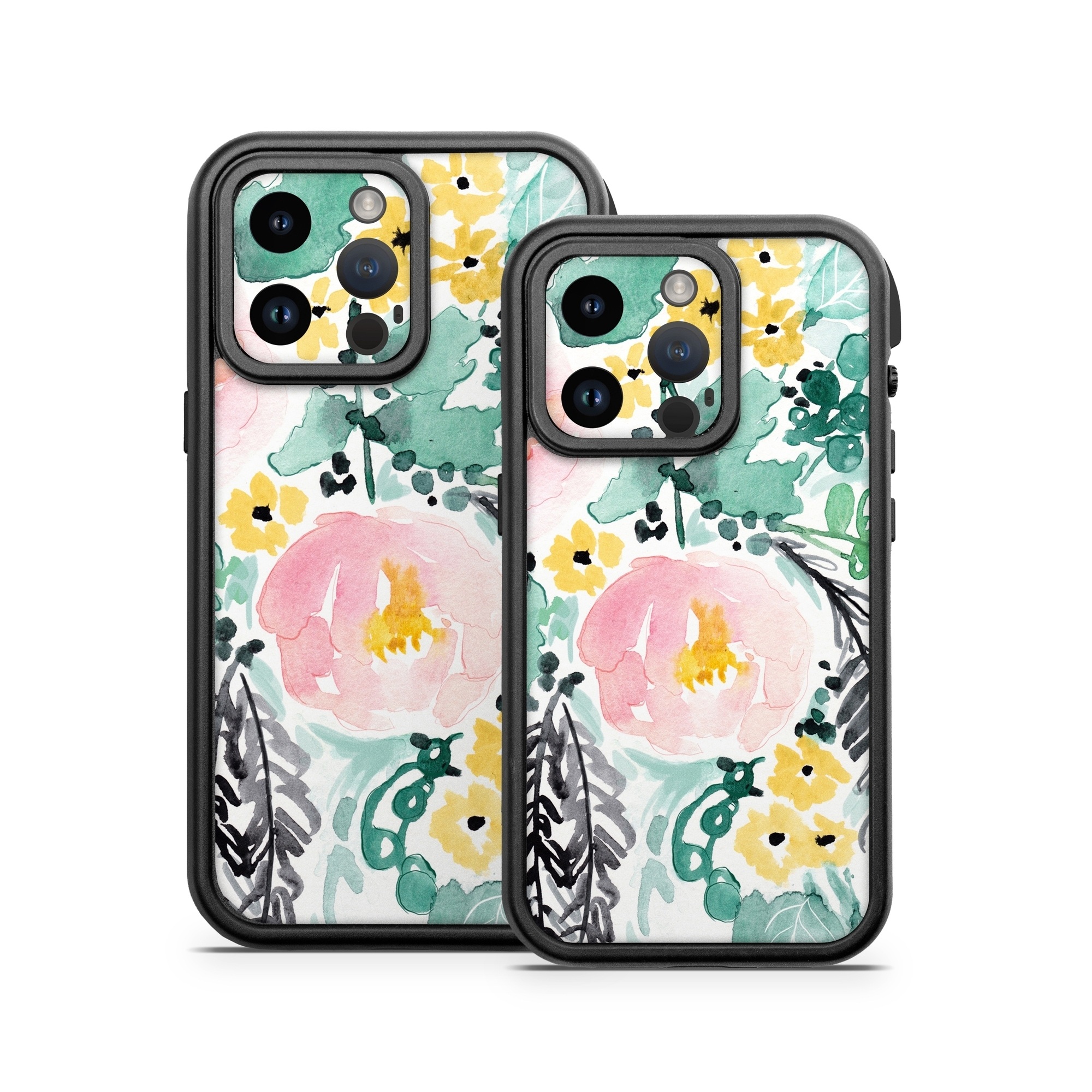 OtterBox Fre iPhone 14 Series Case Skin design of Branch, Clip art, Watercolor paint, Flower, Leaf, Botany, Plant, Illustration, Design, Graphics, with green, pink, red, orange, yellow colors