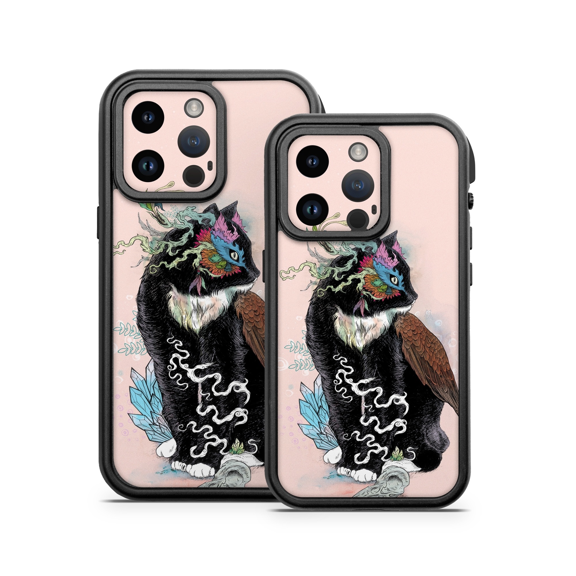 OtterBox Fre iPhone 14 Series Case Skin design of Illustration, Owl, Art, Graphic design, Cat, Tail, with pink, black, brown, red, green colors