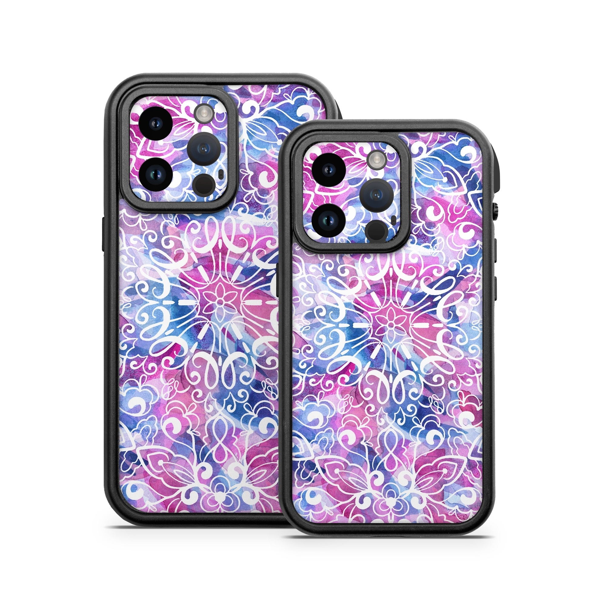 OtterBox Fre iPhone 14 Series Case Skin design of Pattern, Pink, Lilac, Design, Textile, Visual arts, Motif, Floral design, Plant, with blue, pink, purple, white colors