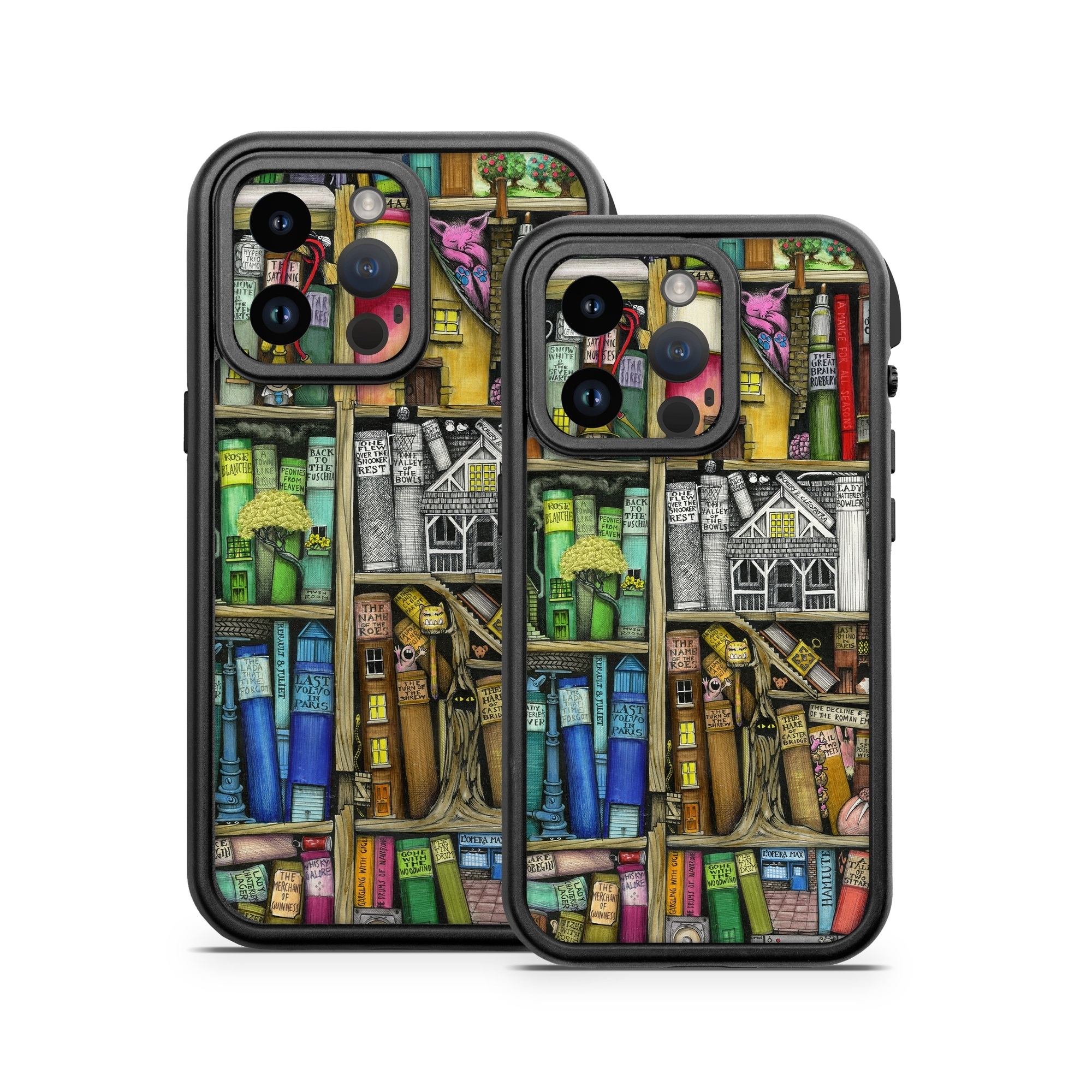 OtterBox Fre iPhone 14 Series Case Skin design of Collection, Art, Visual arts, Bookselling, Shelving, Painting, Building, Shelf, Publication, Modern art, with brown, green, blue, red, pink colors