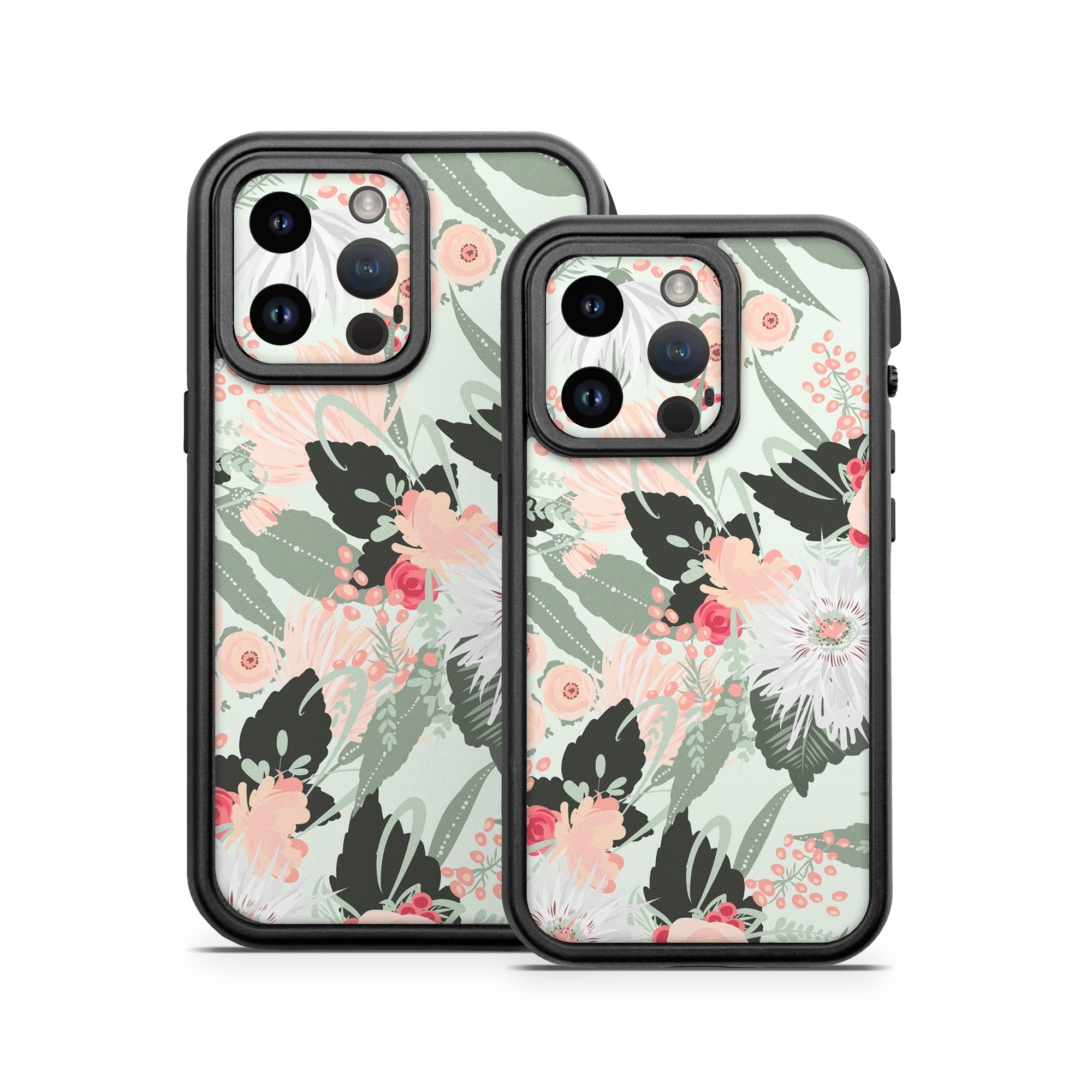 OtterBox Fre iPhone 14 Series Case Skin design of Pattern, Pink, Floral design, Design, Textile, Wrapping paper, Plant, Peach, Flower, with green, red, white, pink colors