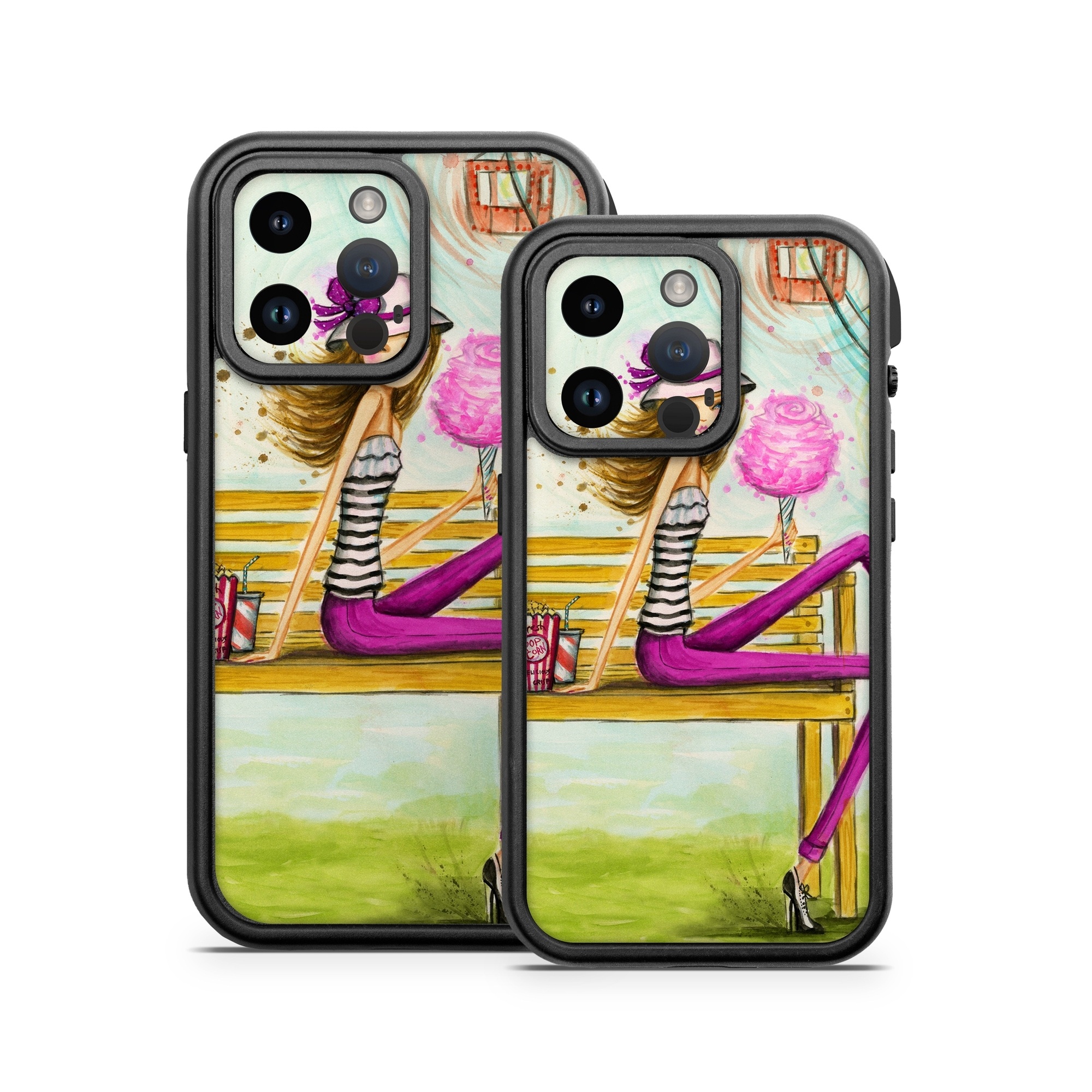 OtterBox Fre iPhone 14 Series Case Skin design of Illustration, Fashion illustration, Art, Sitting, Watercolor paint, Plant, Graphic design, Style, Painting, with green, yellow, blue, pink, purple, black, white, orange colors