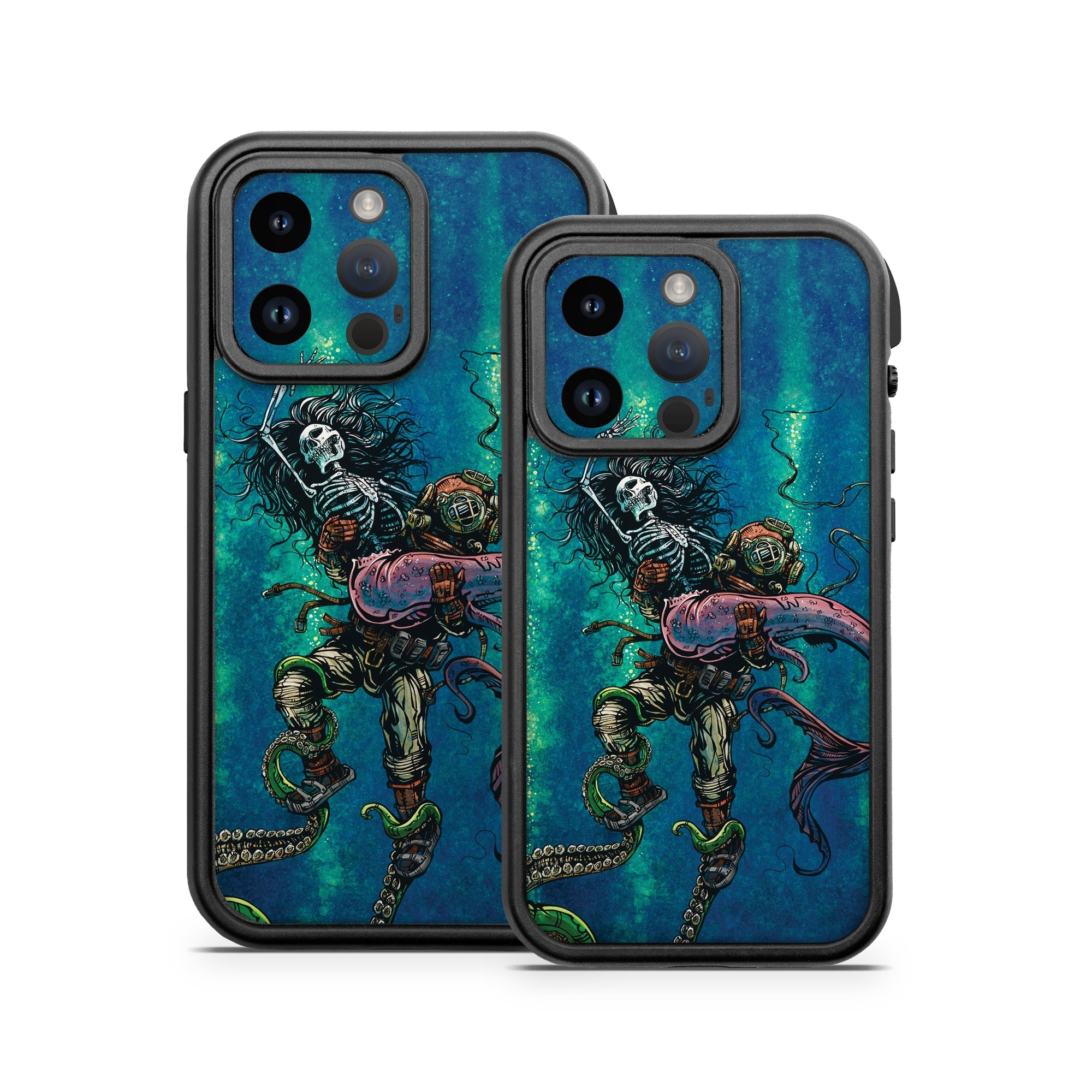 OtterBox Fre iPhone 14 Series Case Skin design of Water, Fluid, Underwater, Marine invertebrates, Marine biology, Electric blue, Liquid, Recreation, Underwater diving, Art, with blue, green, orange, purple, pink, black, white, gray colors