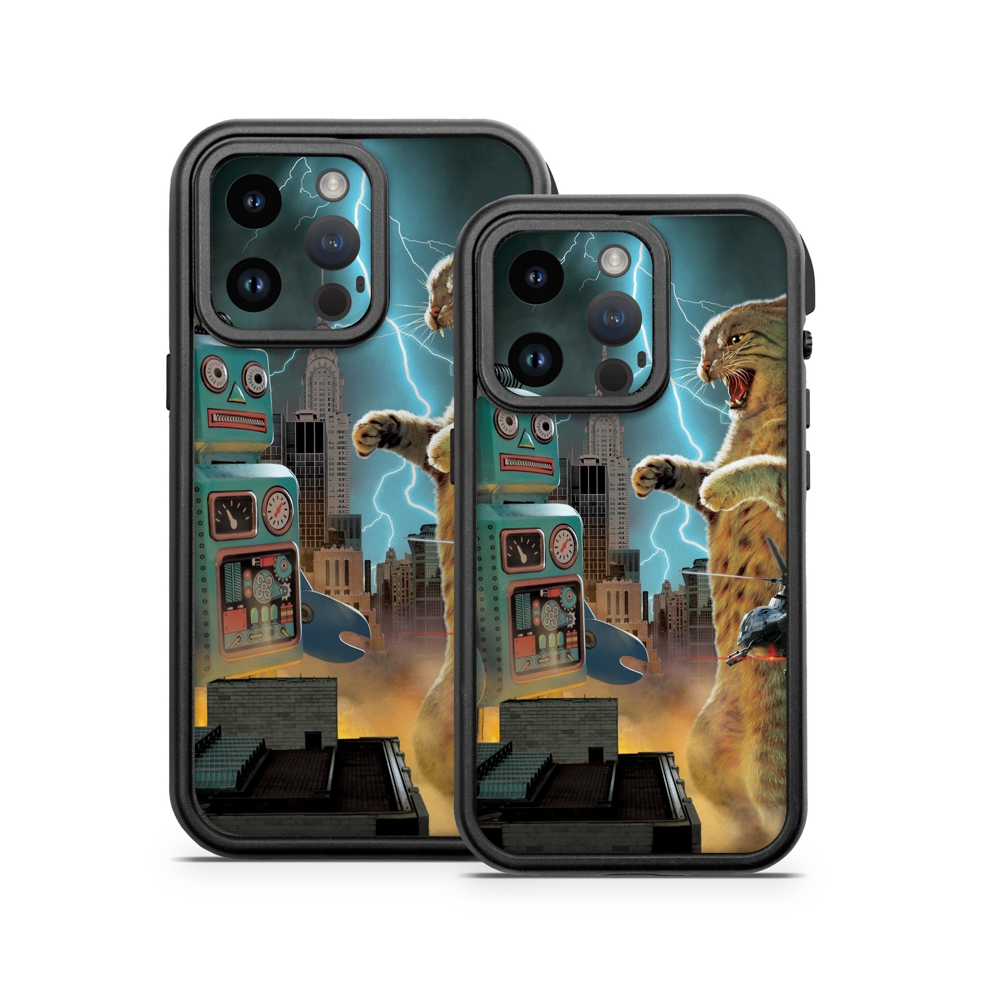 OtterBox Fre iPhone 14 Series Case Skin design of Lightning, Felidae, Carnivore, Art, Whiskers, Big cats, Cg artwork, Terrestrial animal, Small to medium-sized cats, Thunder, with black, blue, red, yellow, white, brown, gray, orange colors