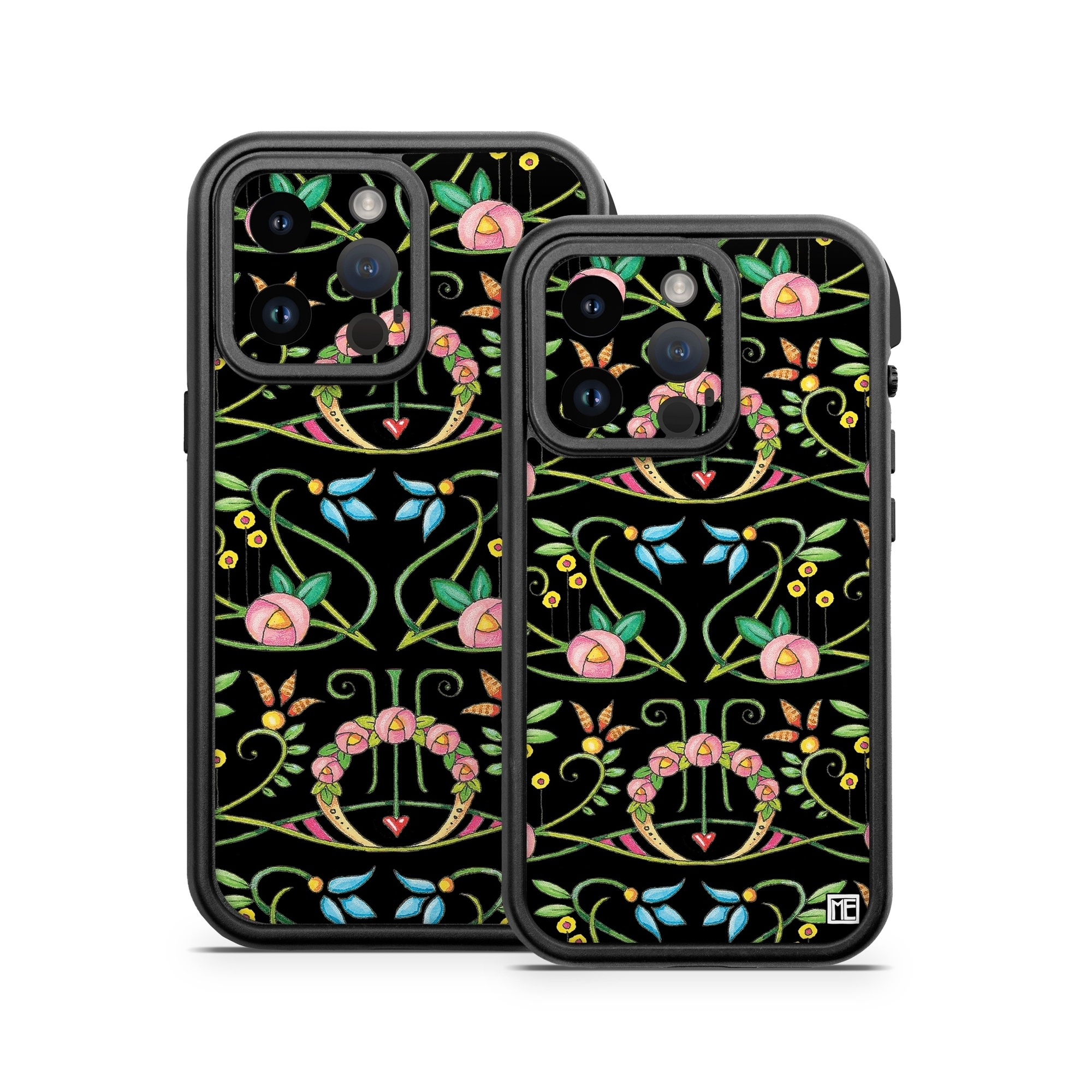 OtterBox Fre iPhone 14 Series Case Skin design of Flower, Rectangle, Textile, Ornament, Plant, Line, Motif, Creative arts, Art, Pattern, with black, pink, blue, green, yellow colors