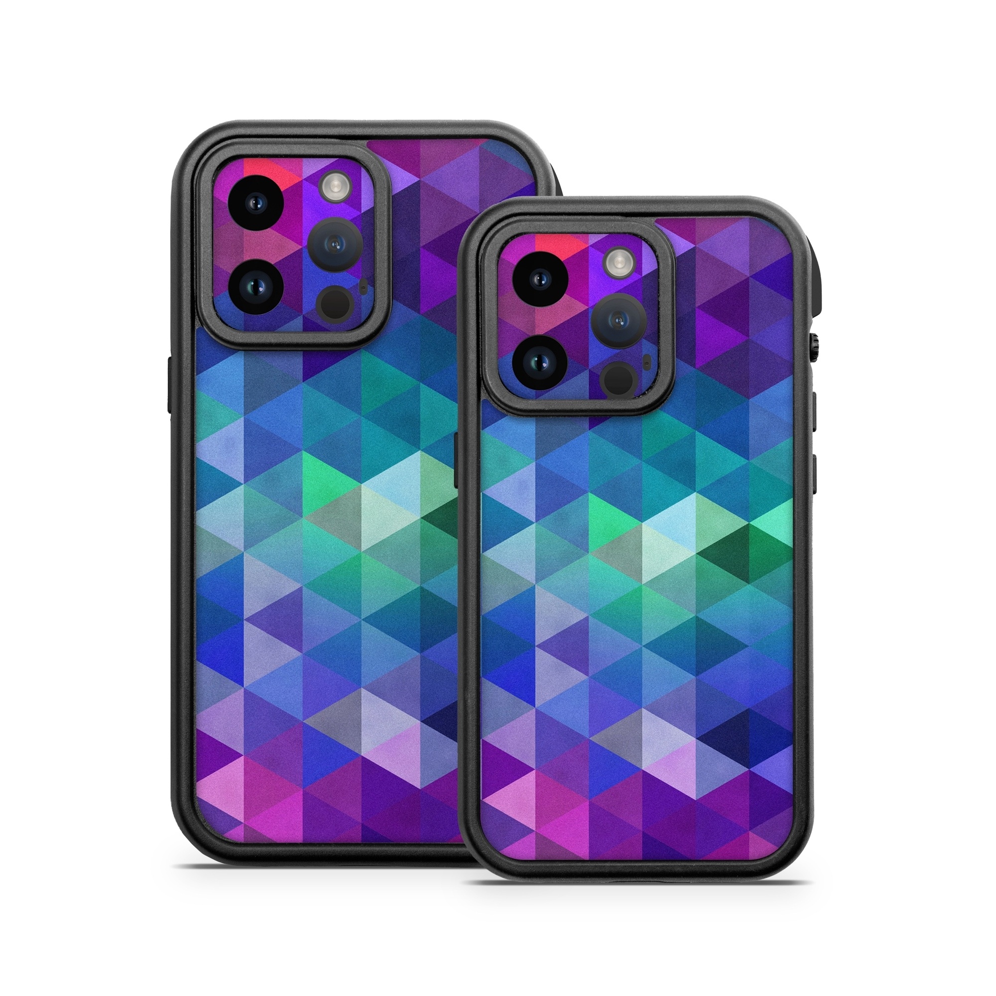 OtterBox Fre iPhone 14 Series Case Skin design of Purple, Violet, Pattern, Blue, Magenta, Triangle, Line, Design, Graphic design, Symmetry, with blue, purple, green, red, pink colors