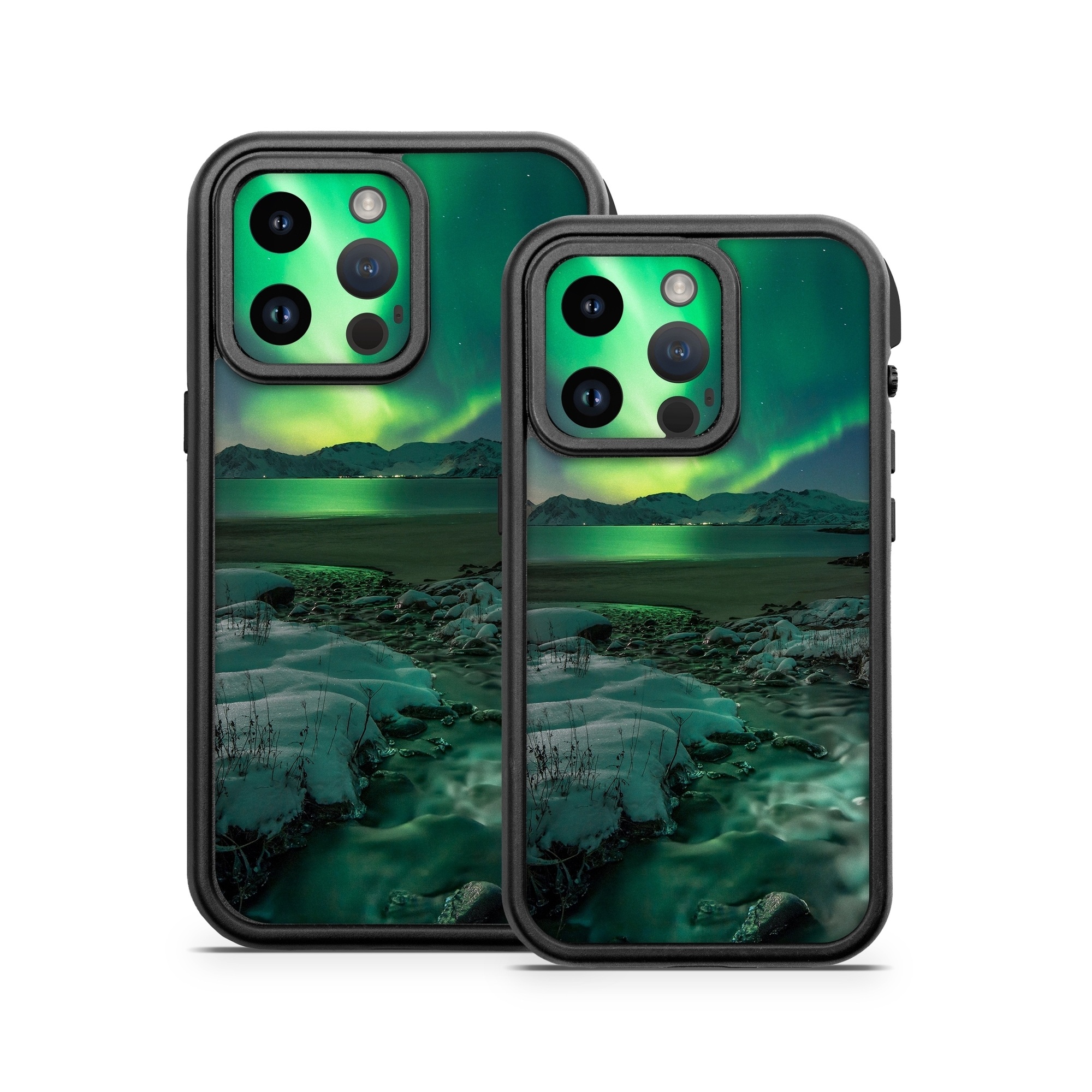 OtterBox Fre iPhone 14 Series Case Skin design of Nature, Aurora, Sky, Geological phenomenon, Water, Atmosphere, Space, Landscape, World, Glacier, with white, green, blue, black, gray colors