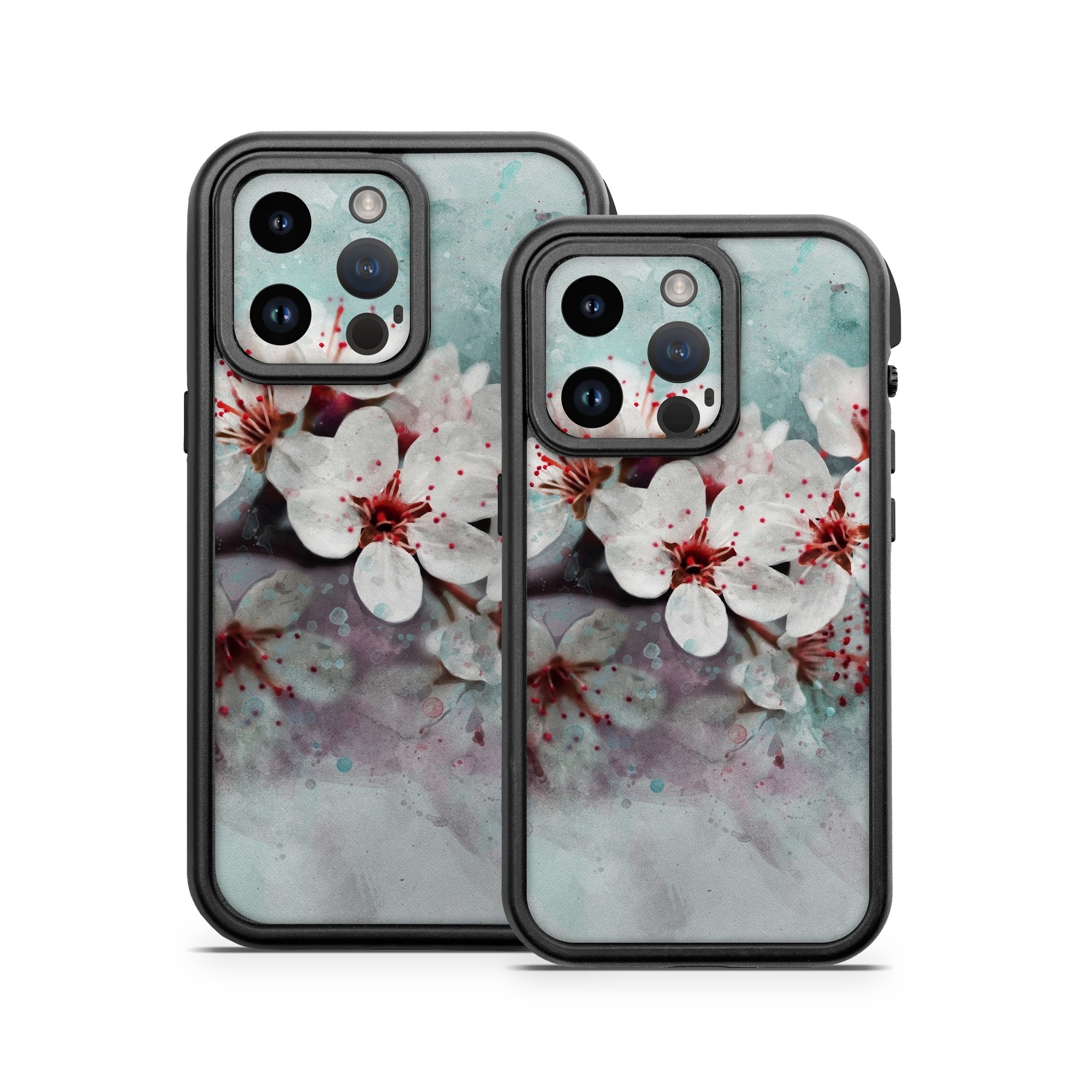 OtterBox Fre iPhone 14 Series Case Skin design of Blossom, Flower, Cherry blossom, Watercolor paint, Plant, Spring, Pink, Petal, Branch, Painting, with white, gray, red, pink, purple, blue colors