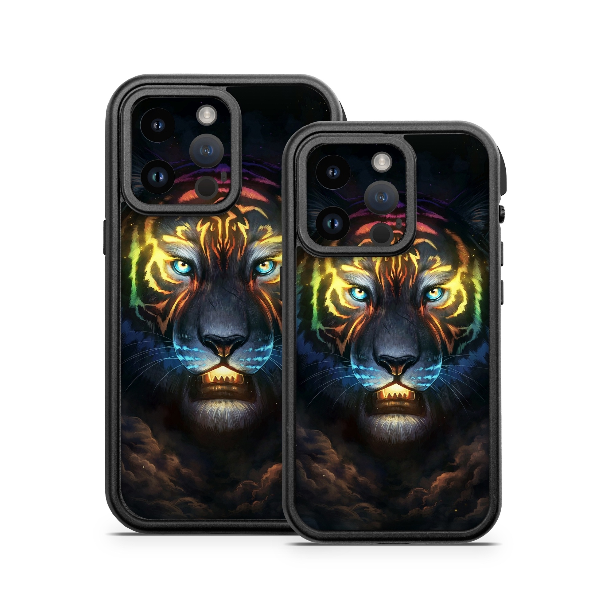 OtterBox Fre iPhone 14 Series Case Skin design of Felidae, Vertebrate, Carnivore, Organism, Painting, Roar, Bengal tiger, Big cats, Art, Whiskers, with black, yellow, orange, red, green, purple, blue colors