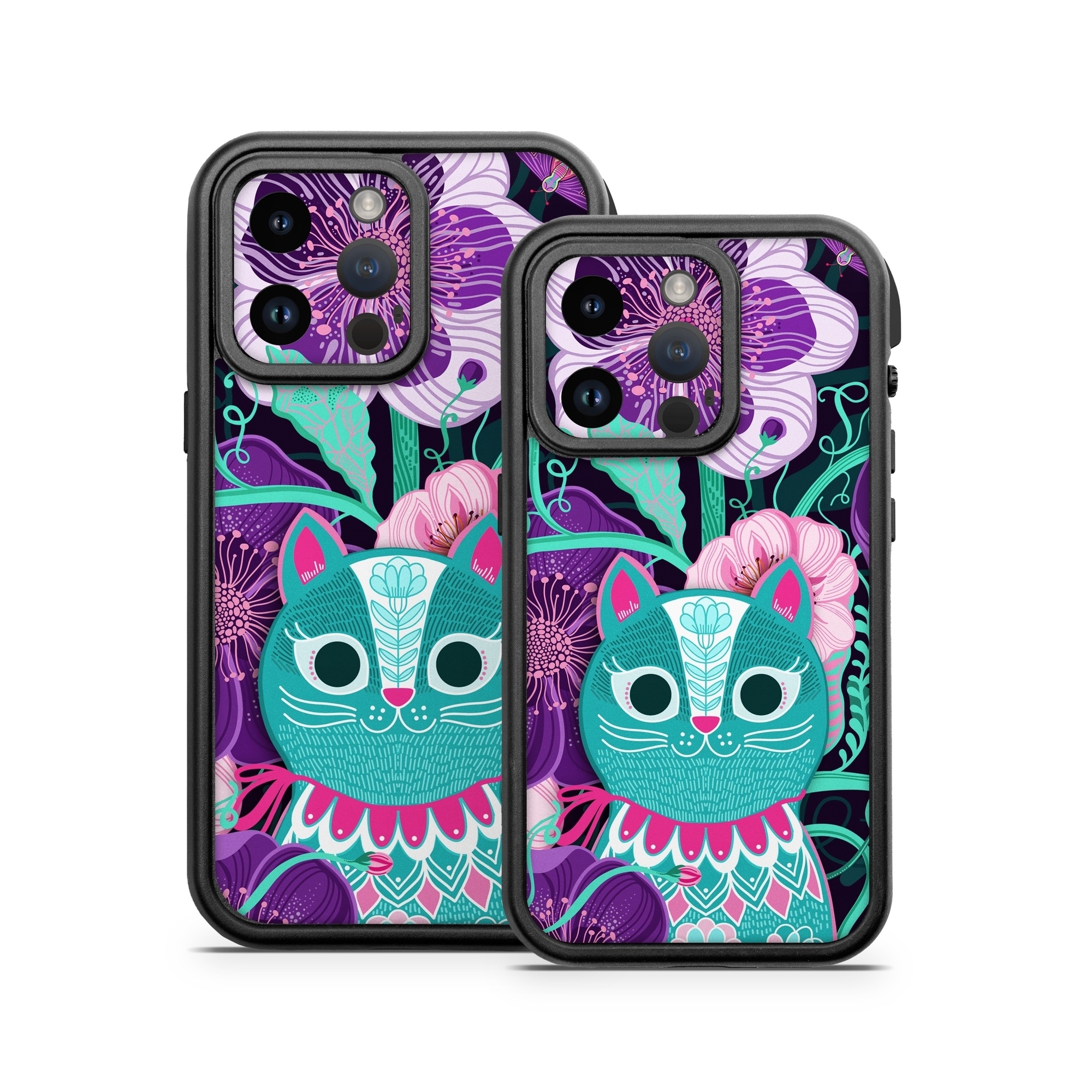 OtterBox Fre iPhone 14 Series Case Skin design of Botany, Purple, Textile, Organism, Pink, Art, Painting, Font, Creative arts, Magenta, with black, blue, pink, purple, green, red colors