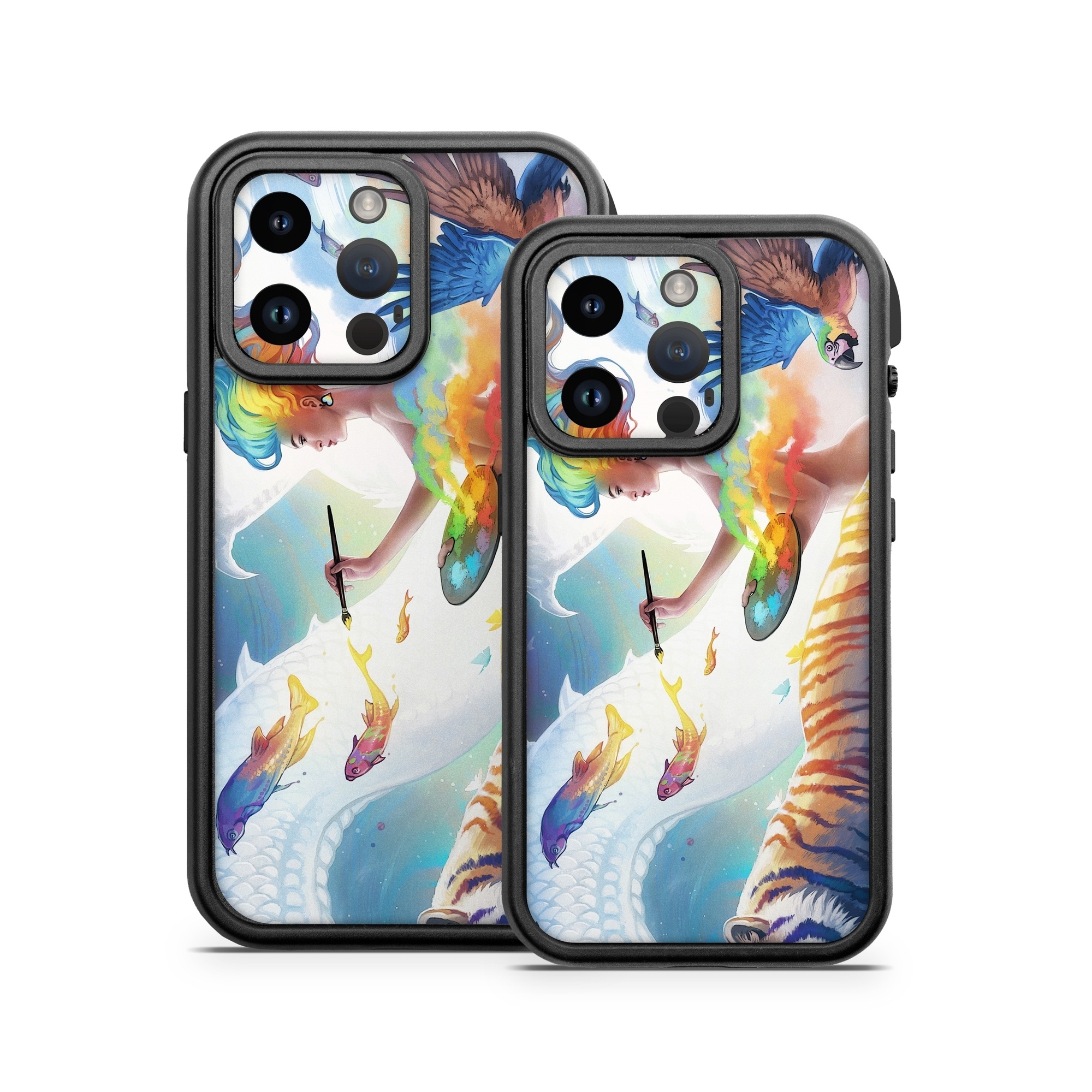 OtterBox Fre iPhone 14 Series Case Skin design of Siberian tiger, Bengal tiger, Vertebrate, Tiger, Felidae, Mammal, Water, Carnivore, Art, Painting, with blue, red, yellow, orange, green, purple, black, white colors