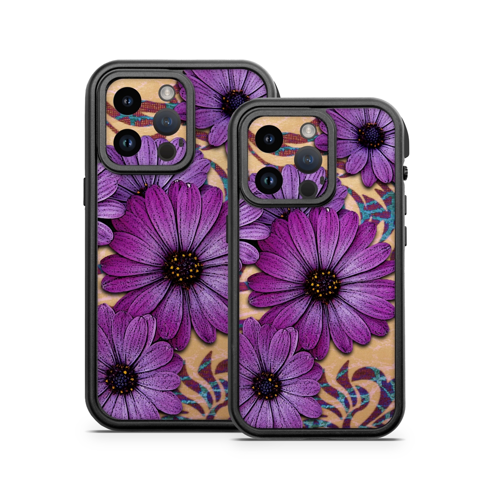 OtterBox Fre iPhone 14 Series Case Skin design of Purple, Flower, Violet, Petal, Plant, african daisy, Floral design, Wildflower, Pattern, Textile, with purple, black, gray, blue, green, red colors