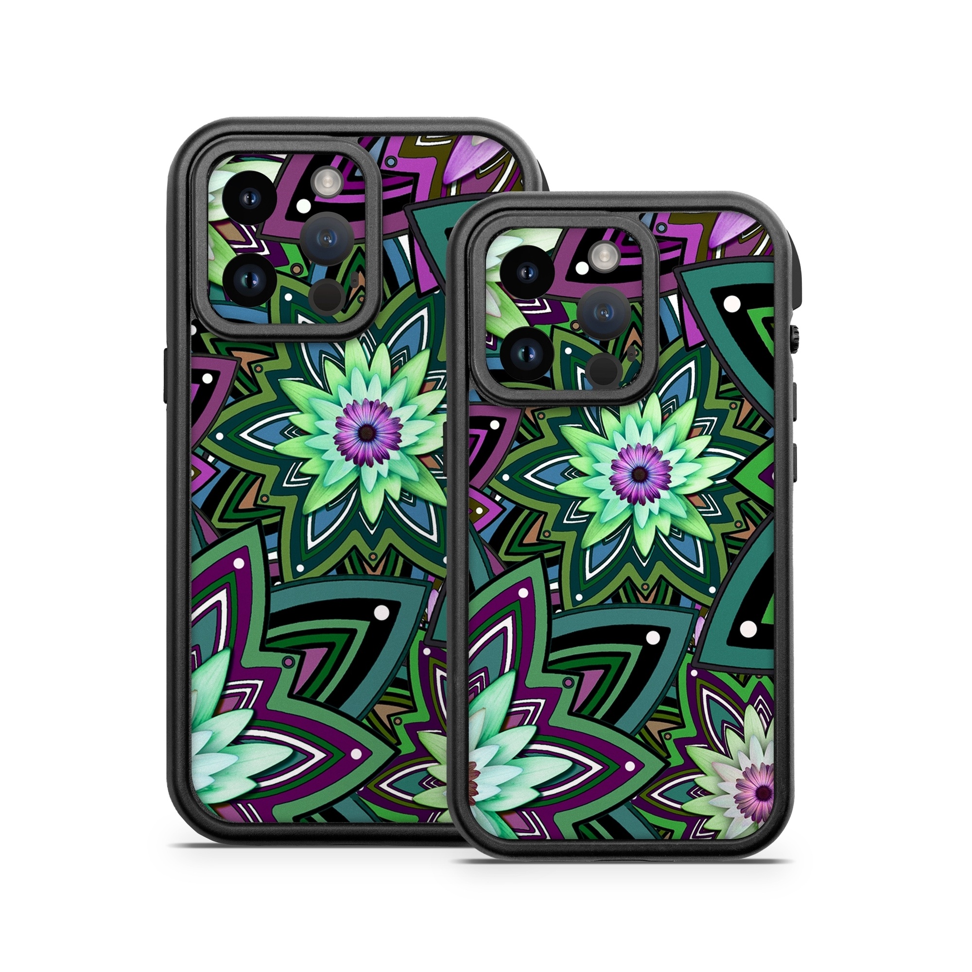 OtterBox Fre iPhone 14 Series Case Skin design of Pattern, Purple, Green, Flower, Psychedelic art, Design, Lilac, Plant, Symmetry, Visual arts, with black, gray, green, purple, blue, red colors