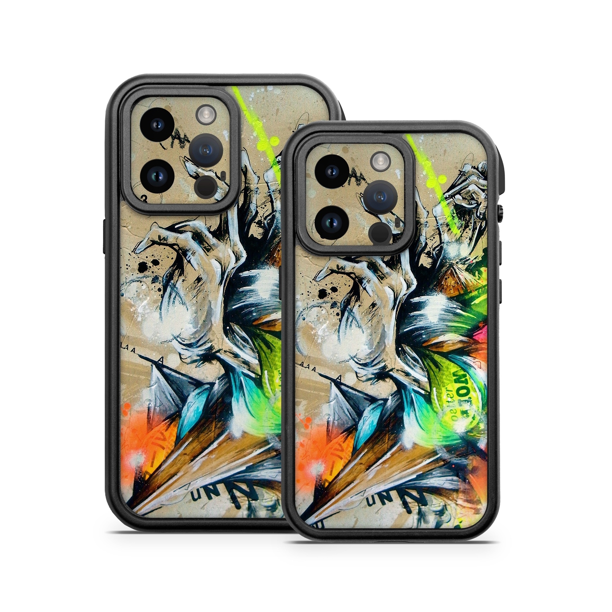 OtterBox Fre iPhone 14 Series Case Skin design of Graphic design, Art, Illustration, Fictional character, Visual arts, Graphics, Painting, Watercolor paint, Modern art, Games, with gray, black, green, red, orange, pink colors