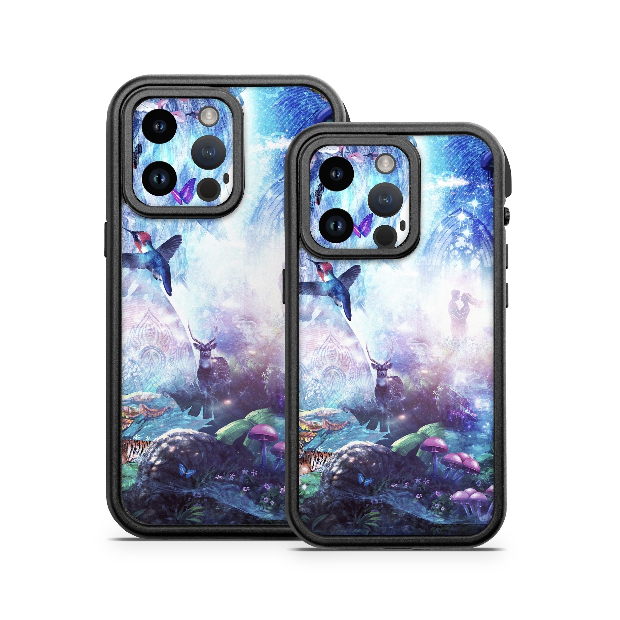 OtterBox Fre iPhone 14 Series Case Skin design of Man, Woman, Fictional Character, Mythology, Bird, Wing, Mythical Creature, Deer, Tiger, Mushrooms, Butterfly, with white, blue, green, red, yellow, black, purple, gray colors