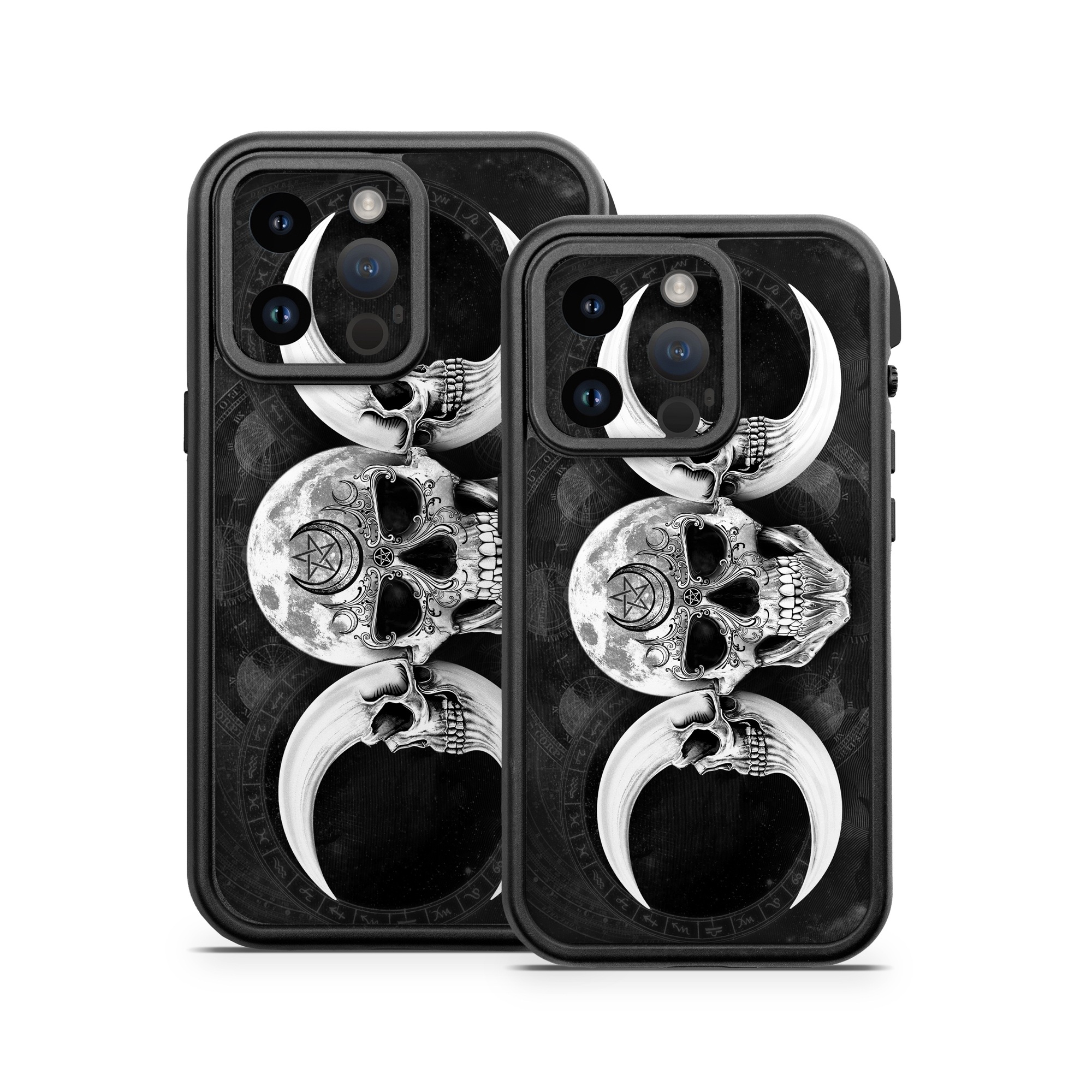 OtterBox Fre iPhone 14 Series Case Skin design of Bone, Skull, Darkness, Monochrome, Black-and-white, Circle, Symmetry, Visual Arts, Illustration, Skeleton, Drawing, with black, white, gray colors