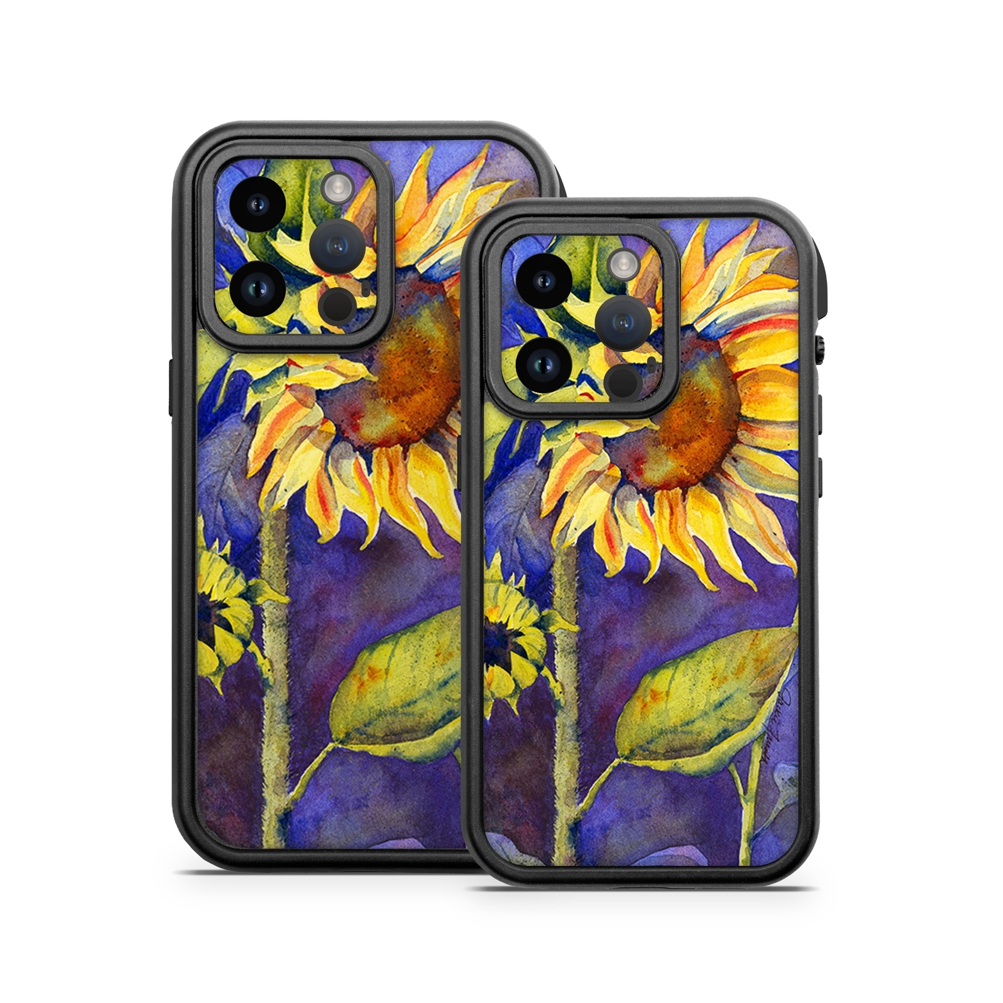 OtterBox Fre iPhone 14 Series Case Skin design of Flower, Sunflower, Painting, sunflower, Watercolor paint, Plant, Flowering plant, Yellow, Acrylic paint, Still life, with green, black, blue, gray, red, orange colors