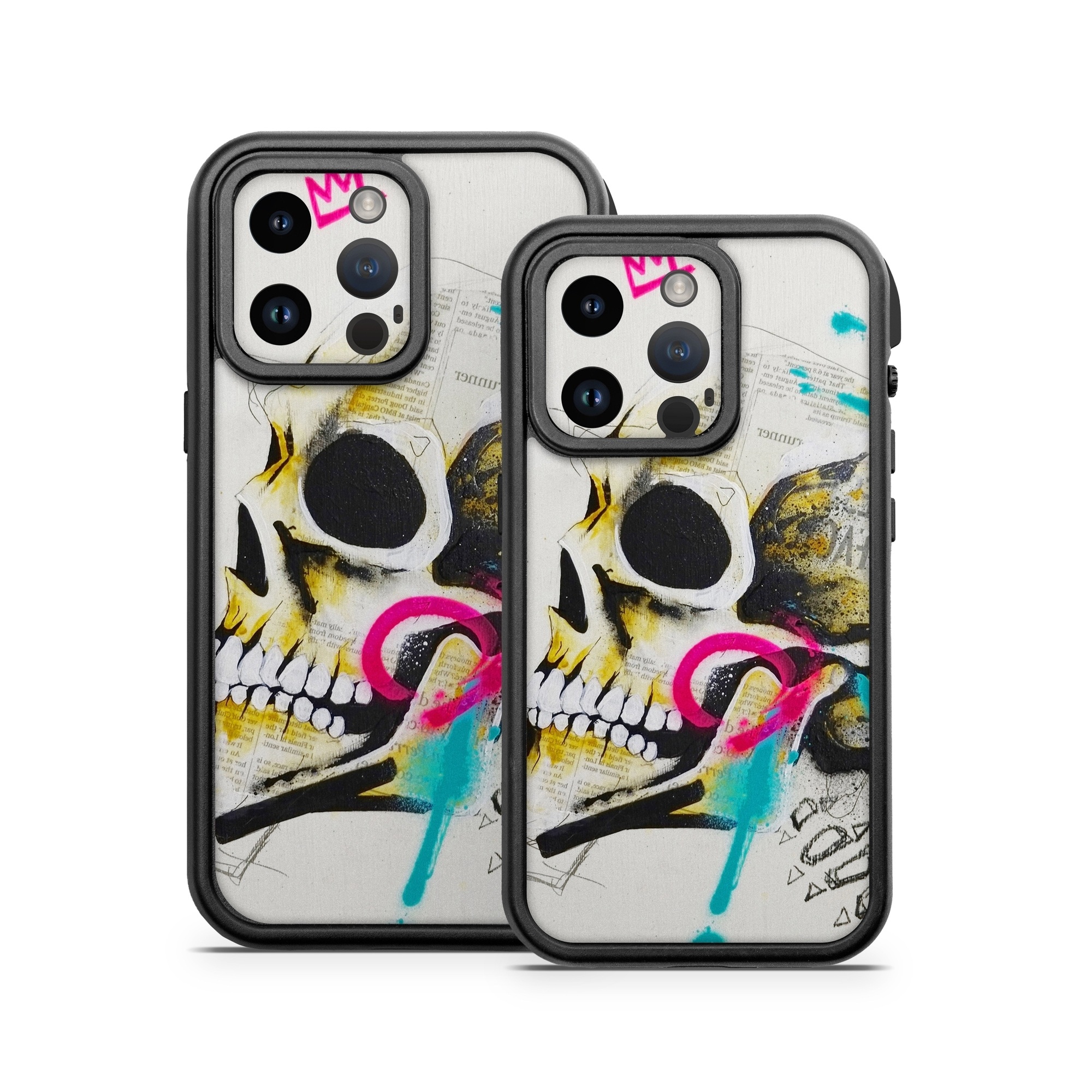 OtterBox Fre iPhone 14 Series Case Skin design of Graphic design, Skull, Illustration, Art, Bone, Drawing, Visual arts, Font, Modern art, Street art, with blue, pink, yellow, black colors