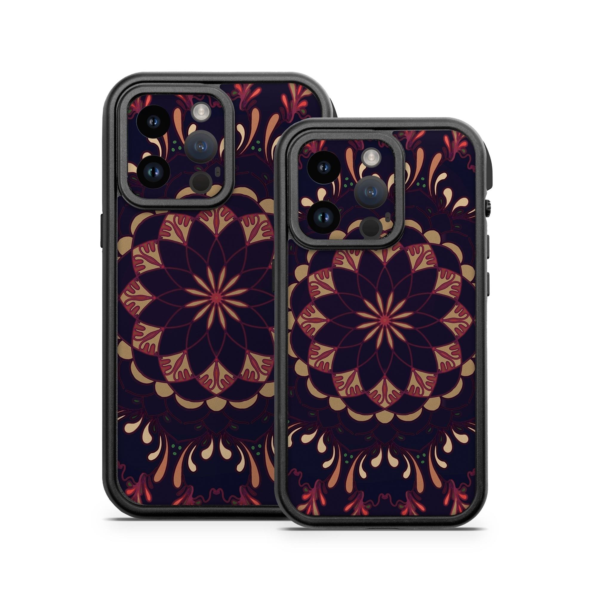 OtterBox Fre iPhone 14 Series Case Skin design of Pattern, Brown, Red, Symmetry, Textile, Design, Visual arts, Tapestry, Kaleidoscope, with black, red, orange, yellow, brown colors