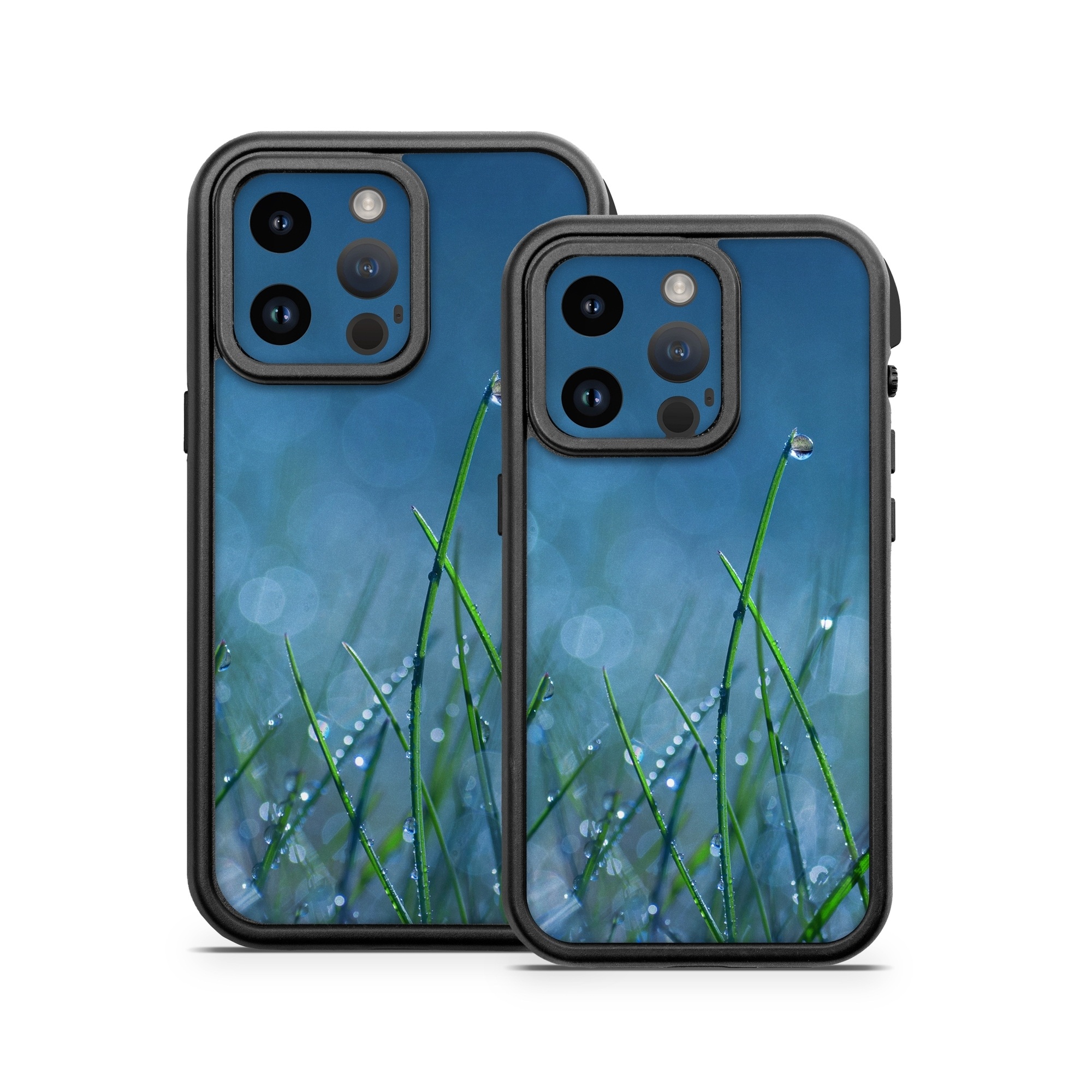 OtterBox Fre iPhone 14 Series Case Skin design of Moisture, Dew, Water, Green, Grass, Plant, Drop, Grass family, Macro photography, Close-up, with blue, black, green, gray colors