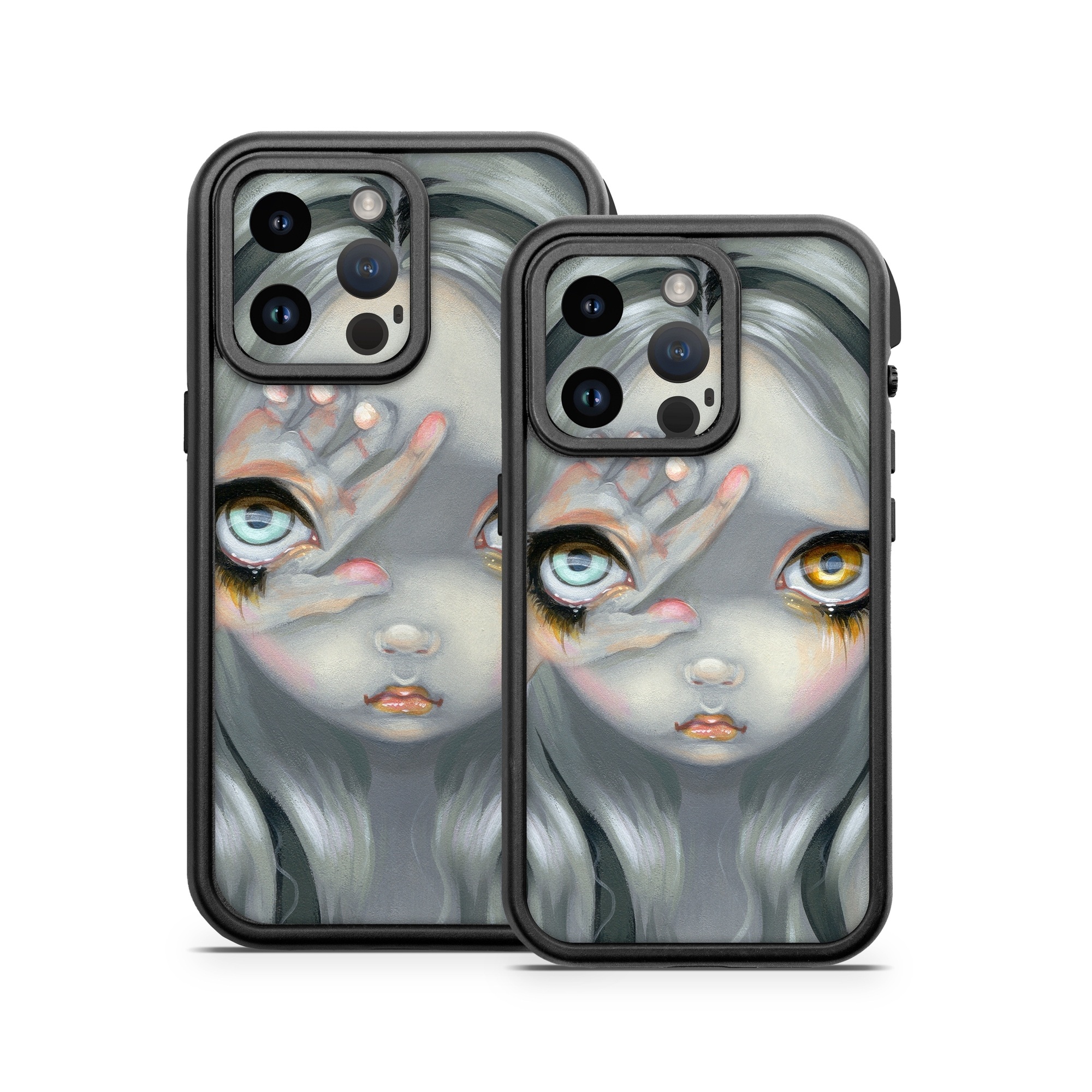 OtterBox Fre iPhone 14 Series Case Skin design of Face, Head, Cg artwork, Eye, Illustration, Organ, Fictional character, Art, Iris, Darkness, with black, gray, blue, green colors