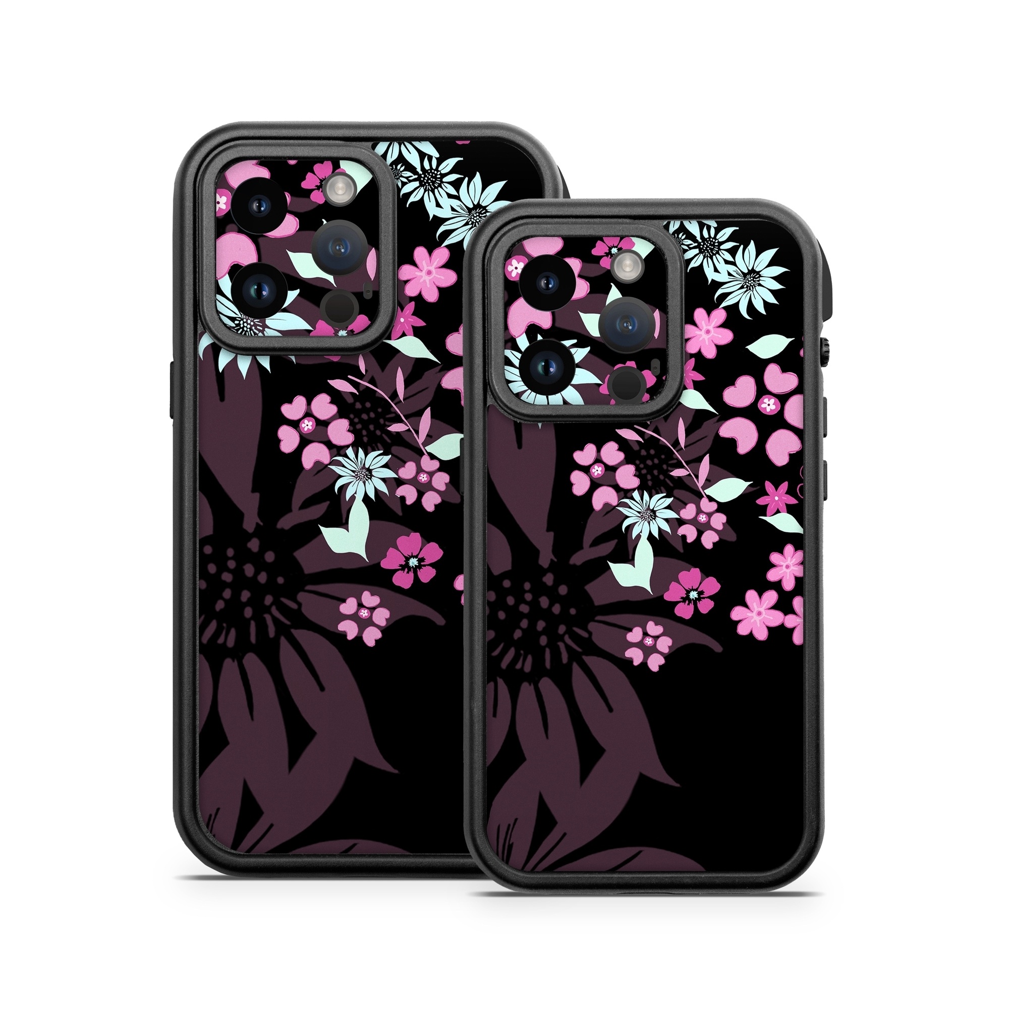 OtterBox Fre iPhone 14 Series Case Skin design of Pink, Pattern, Flower, Plant, Botany, Petal, Floral design, Design, Pedicel, Graphic design, with black, gray, purple, green, red, pink colors
