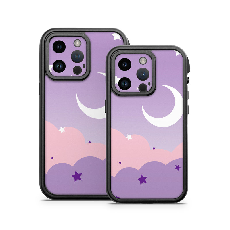 OtterBox Fre iPhone 14 Series Case Skin design of Astronomical object, Pink, Star, Purple, Crescent, Moon, Graphics, Animation, Wallpaper, Graphic design, with purple, white colors