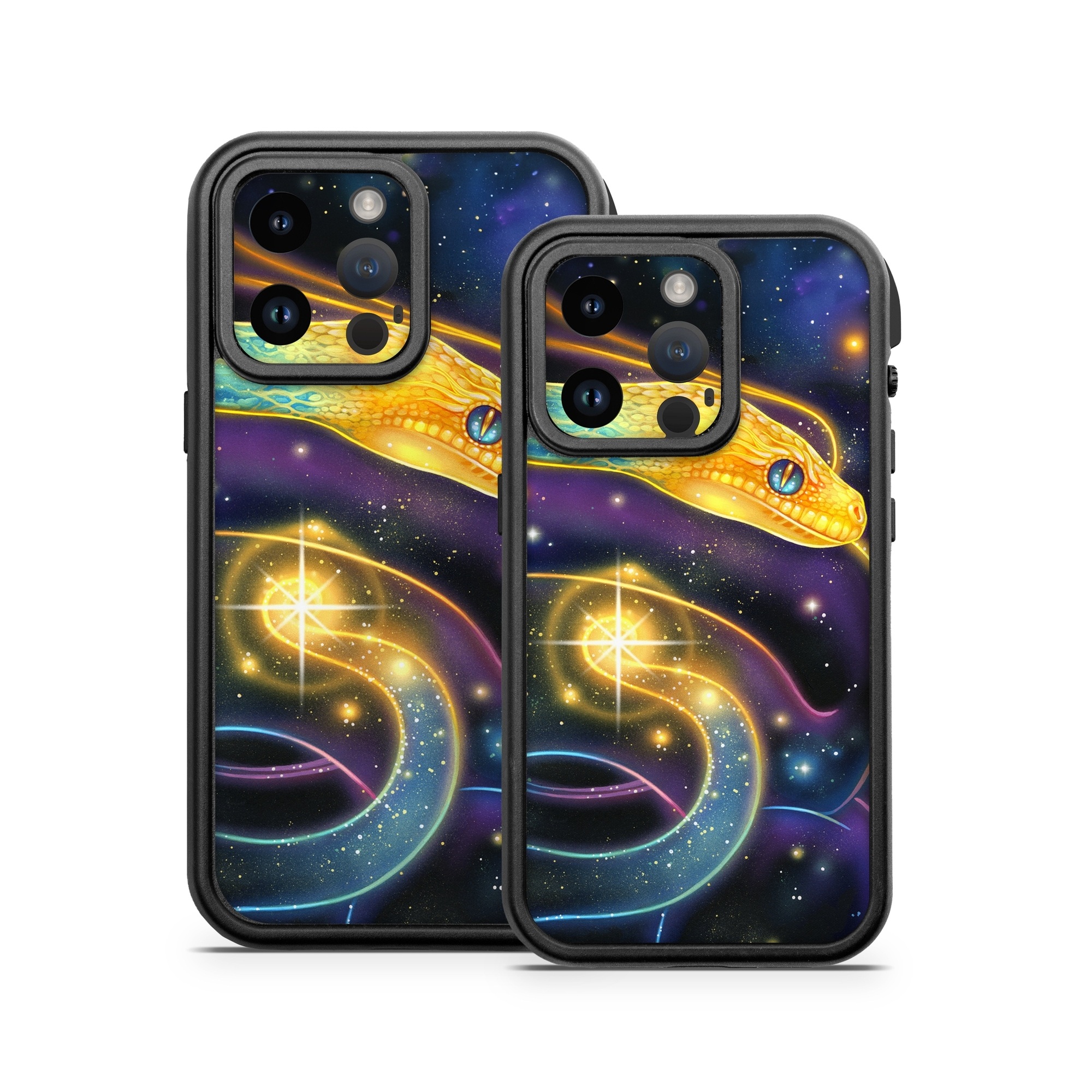 OtterBox Fre iPhone 14 Series Case Skin design of Atmosphere, Light, Organism, Art, Font, Astronomical object, Galaxy, Star, Science, Nebula, with black, white, yellow, orange, green, purple colors