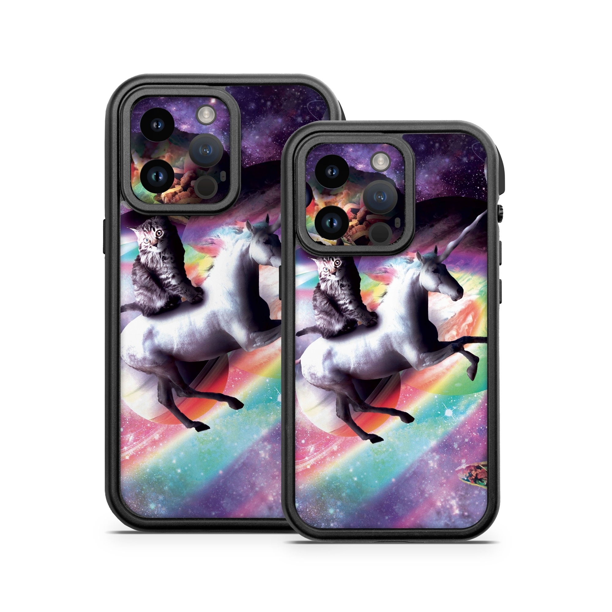 OtterBox Fre iPhone 14 Series Case Skin design of Illustration, Graphic design, Fictional character, Space, Sky, Astronomical object, Universe, Outer space, Art, Unicorn, with black, white, gray, red, yellow, green, blue, orange colors