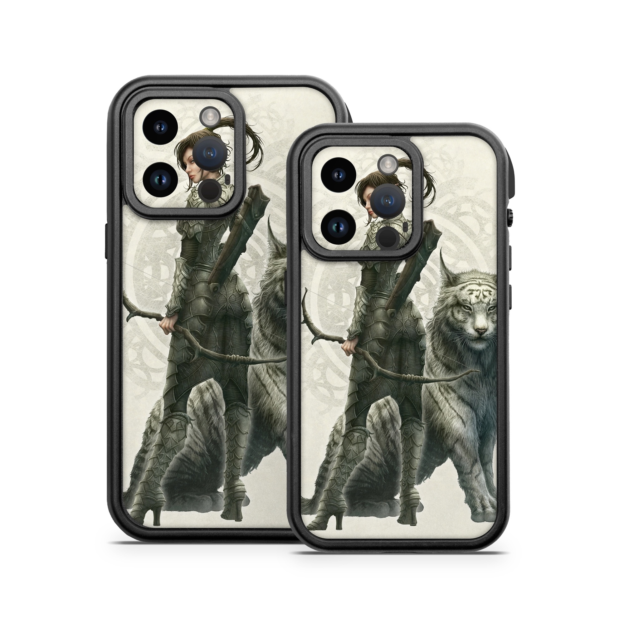 OtterBox Fre iPhone 14 Series Case Skin design of Illustration, Fictional character, Drawing, Woman warrior, Art, Mythology, Sketch, with gray, black, pink, yellow, green colors