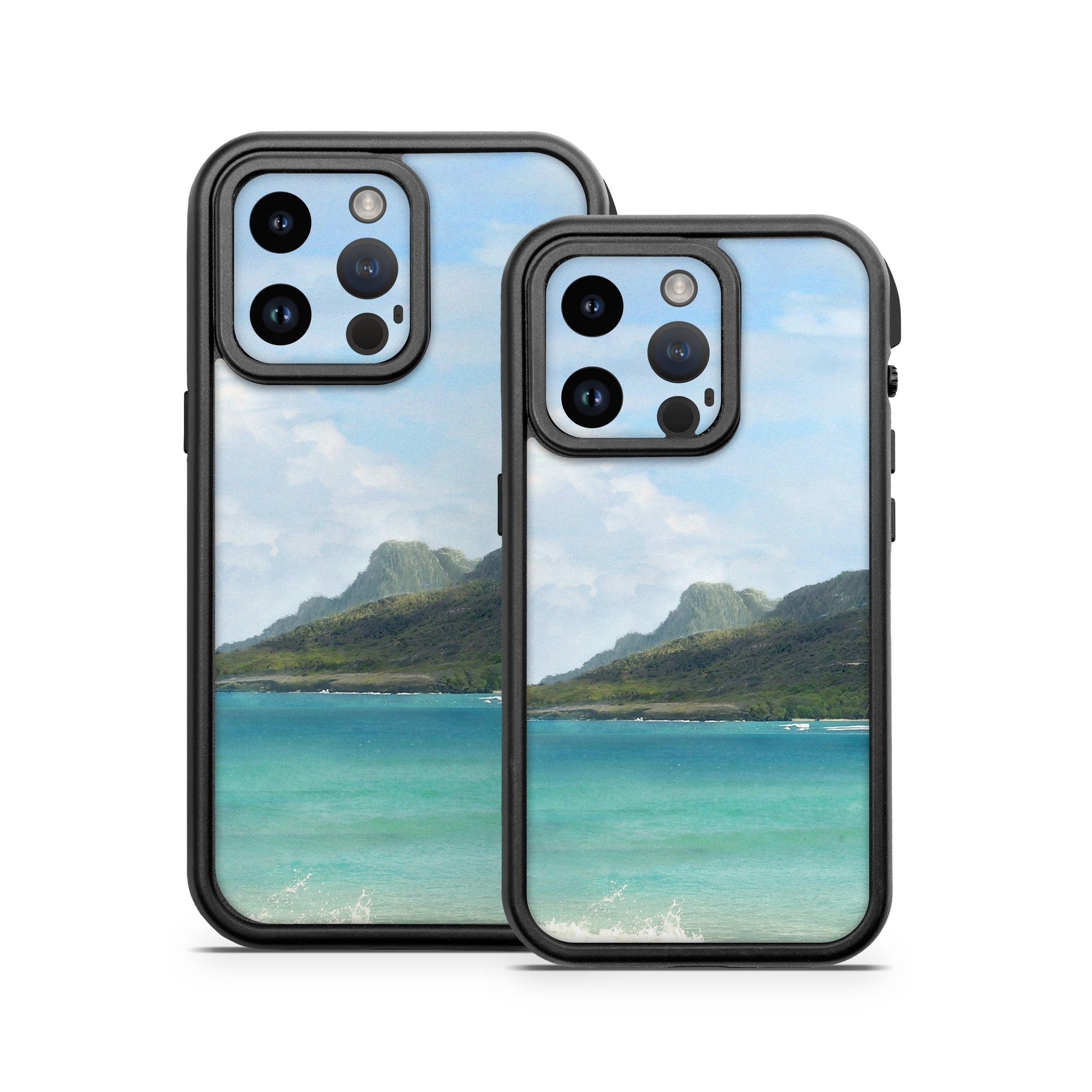 OtterBox Fre iPhone 14 Series Case Skin design of Body of water, Tropics, Nature, Natural landscape, Shore, Coast, Caribbean, Sea, Tree, Beach, with gray, black, blue, green colors