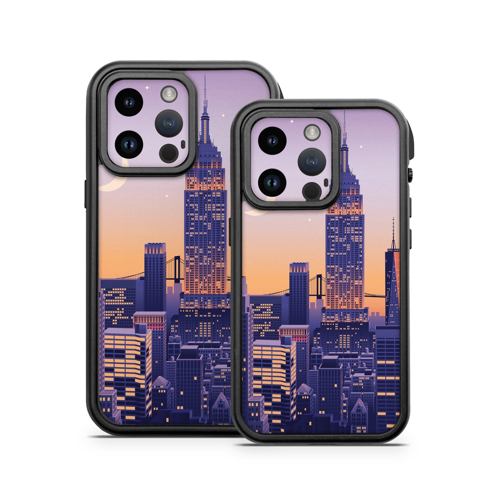 OtterBox Fre iPhone 14 Series Case Skin design of Skyscraper, Building, Sky, Atmosphere, Moon, World, Nature, Tower, Afterglow, Dusk, with blue, purple, yellow, orange colors