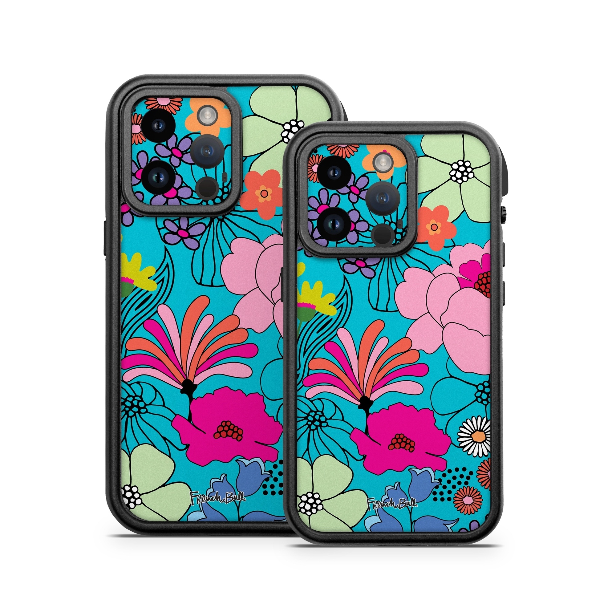 OtterBox Fre iPhone 14 Series Case Skin design of Flower, Green, Azure, Nature, Botany, Petal, Blue, Textile, Pink, Art, with blue, pink, yellow, orange, red, purple, green colors