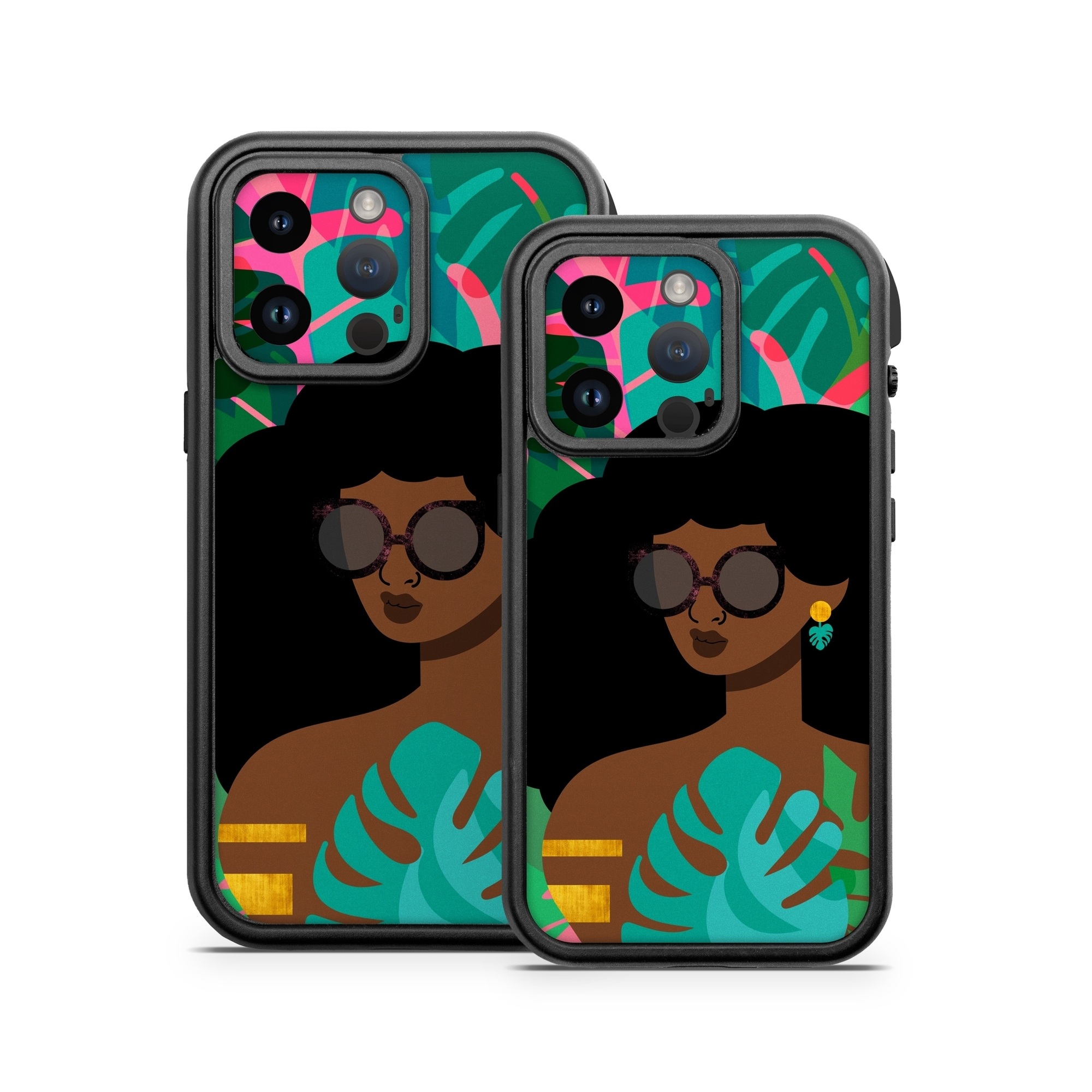 OtterBox Fre iPhone 14 Series Case Skin design of Illustration, Afro, Art, Eyewear, Glasses, Graphic design, Visual arts, Graphics, Fictional character, with brown, black, green, pink, blue, yellow colors