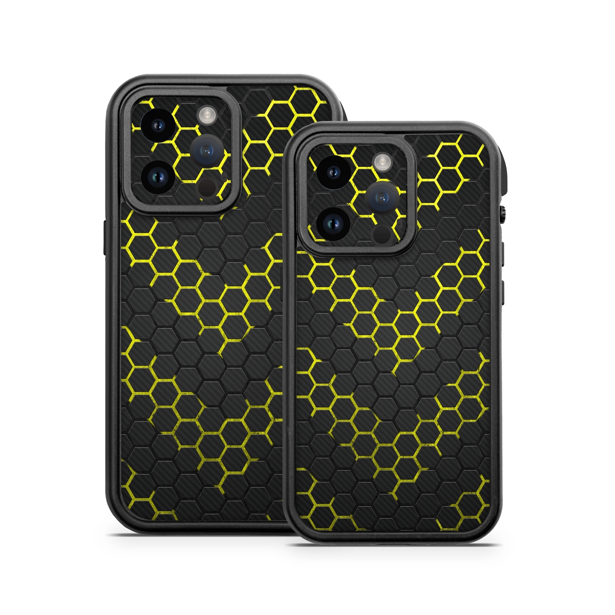 OtterBox Fre iPhone 14 Series Case Skin design of Black, Pattern, Yellow, Mesh, Net, Chain-link fencing, Design, Metal, with black, gray, yellow colors