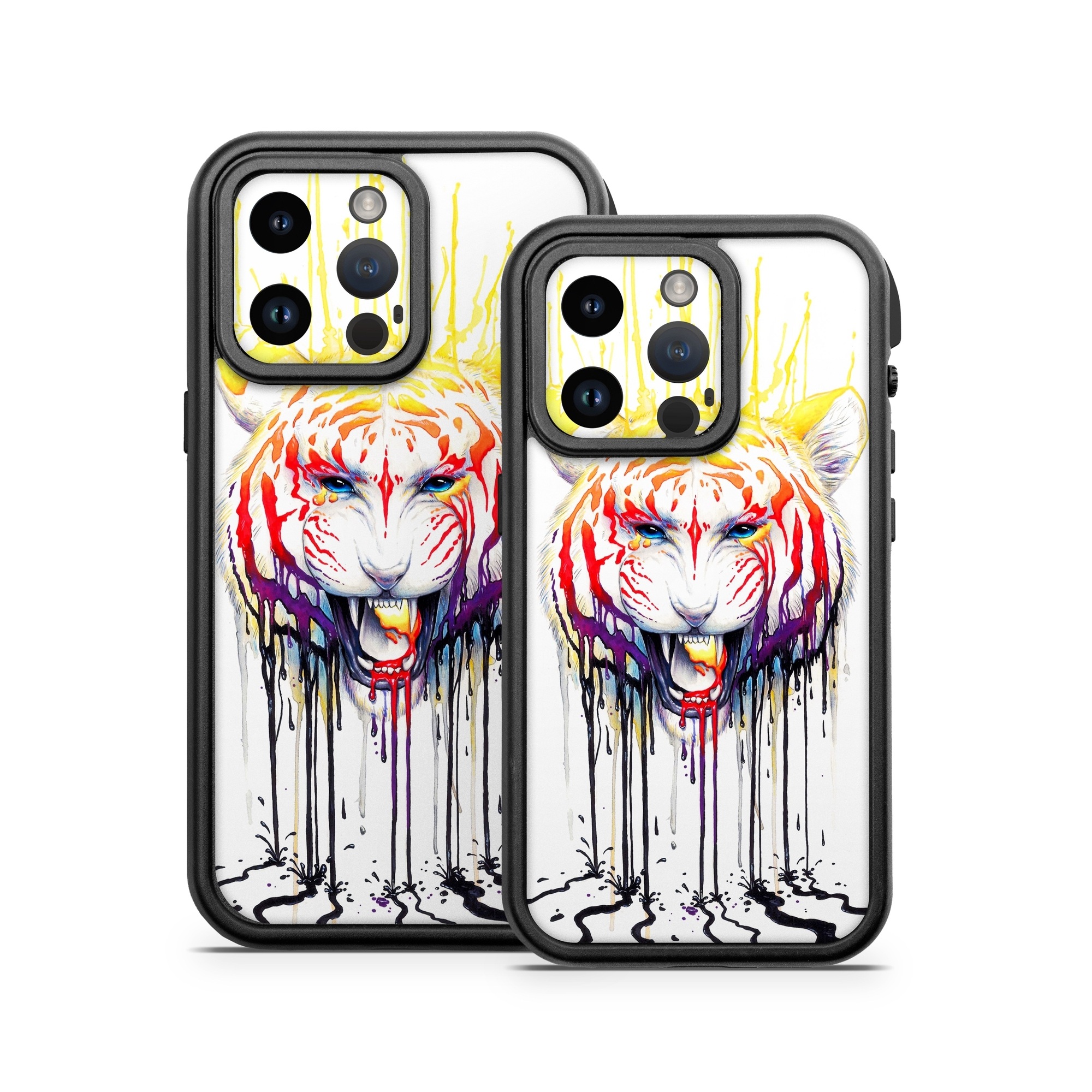 OtterBox Fre iPhone 14 Series Case Skin design of Jaw, Roar, Organism, Gesture, Art, Font, Felidae, Painting, Illustration, Drawing, with white, black, yellow, red, orange, purple colors