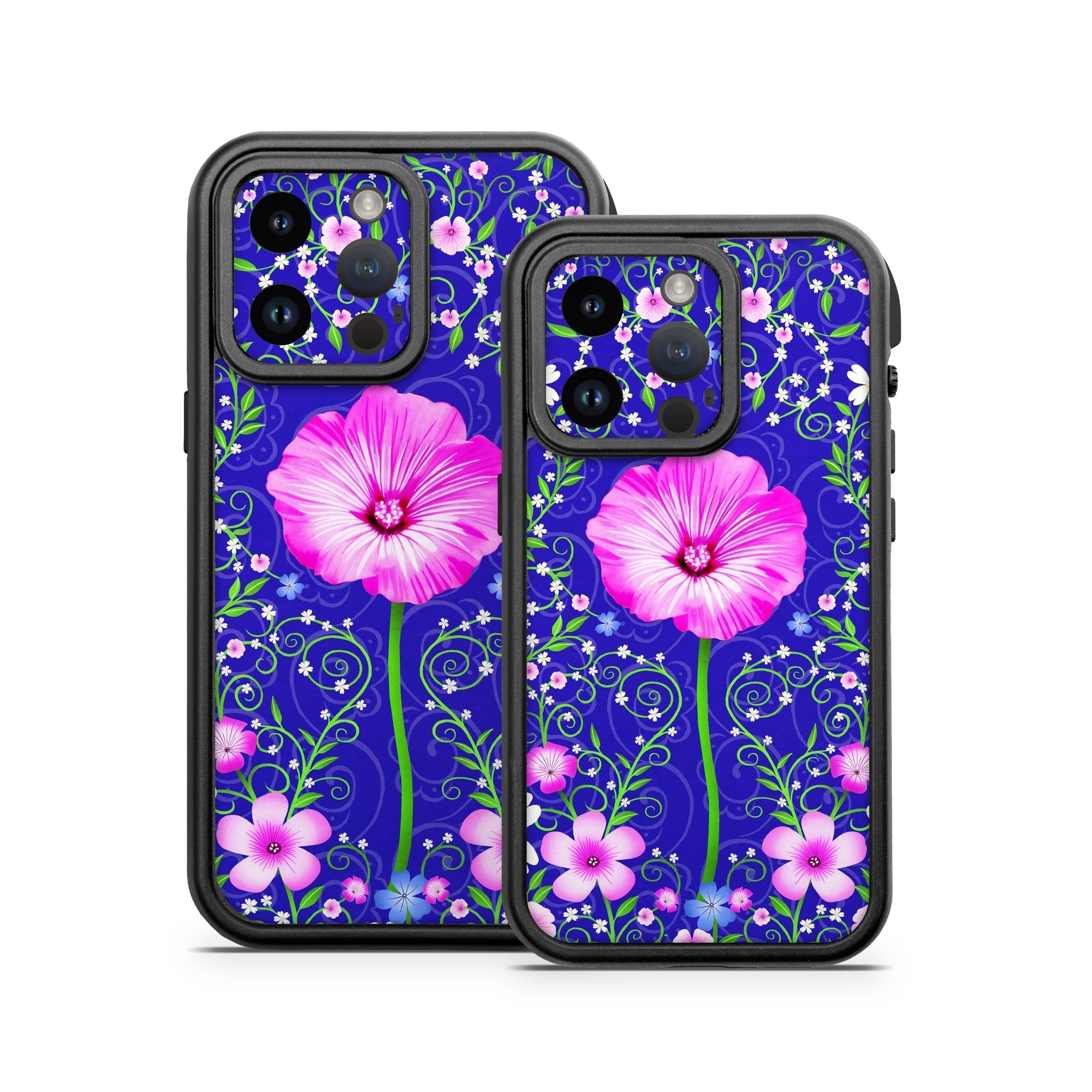 OtterBox Fre iPhone 14 Series Case Skin design of Purple, Violet, Flower, Plant, Wildflower, Pattern, Petal, Design, Graphics, Morning glory, with blue, purple, pink, green, white, yellow colors