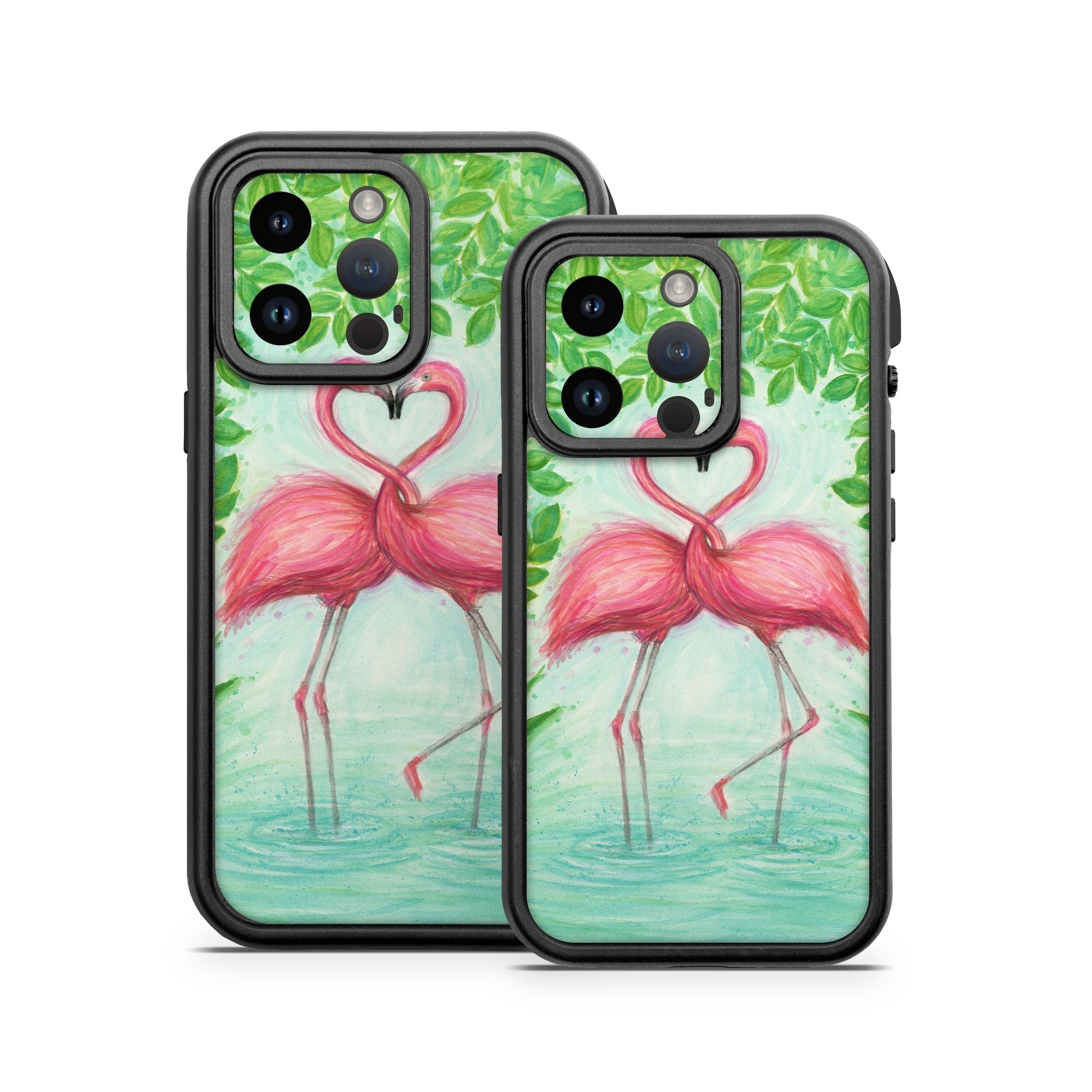 OtterBox Fre iPhone 14 Series Case Skin design of Flamingo, Greater flamingo, Bird, Water bird, Pink, Illustration, Watercolor paint, Organism, Drawing, Stork, with pink, blue, green colors