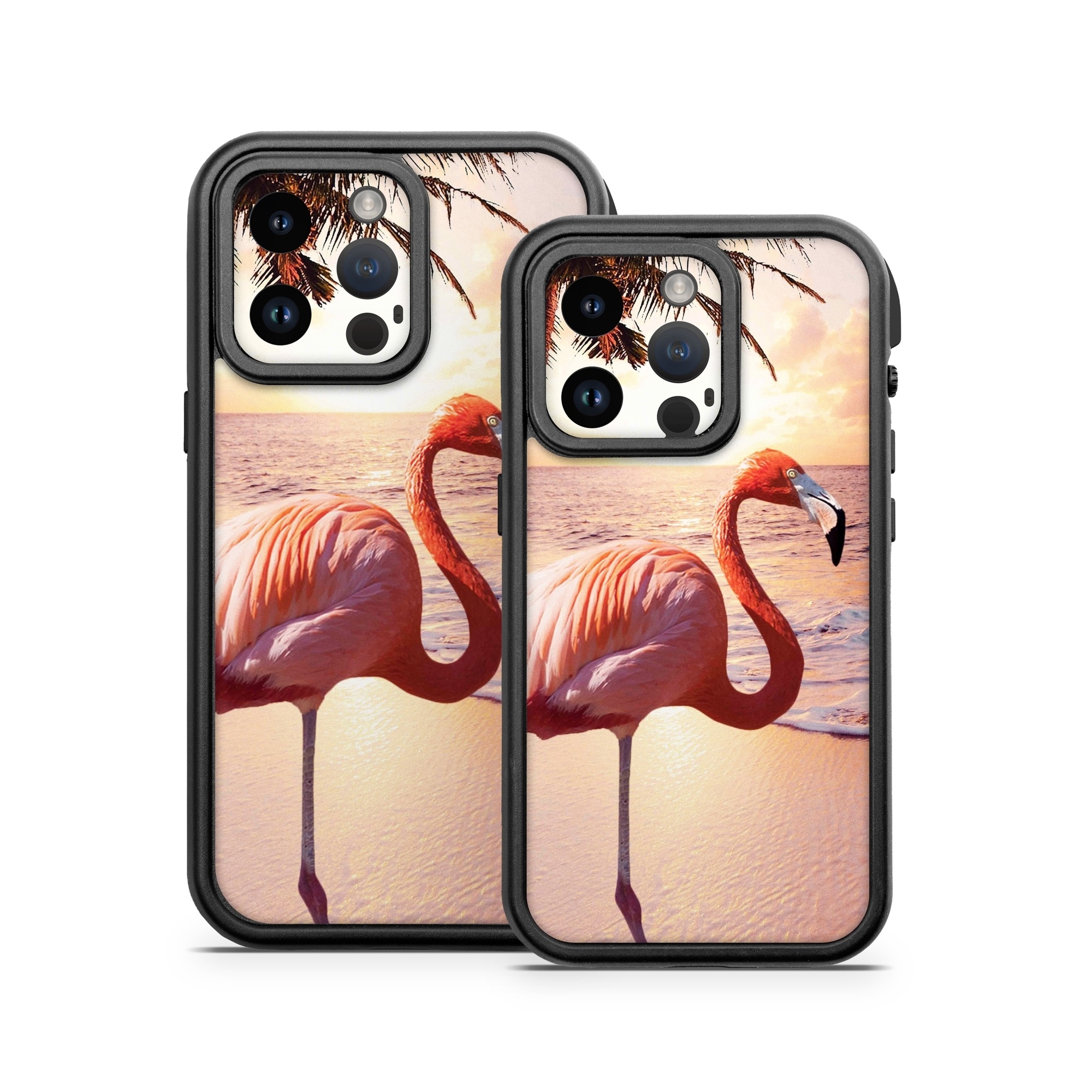 OtterBox Fre iPhone 14 Series Case Skin design of Flamingo, Greater flamingo, Bird, Water bird, Pink, Wildlife, Sky, Tree, Organism, Beak, with pink, blue, green, yellow, white, orange, black colors