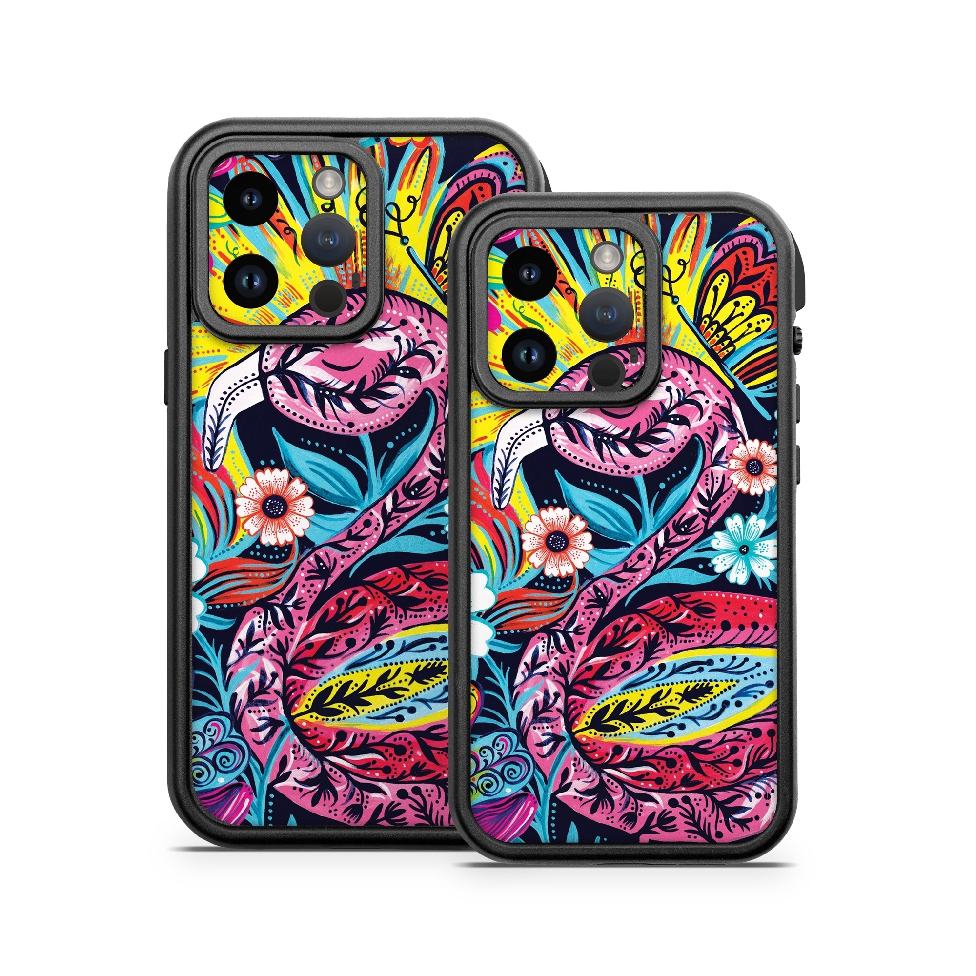 OtterBox Fre iPhone 14 Series Case Skin design of Psychedelic art, Pattern, Visual arts, Art, Design, Textile, Illustration, Plant, Graphic design, Drawing, with pink, yellow, black, blue, white colors