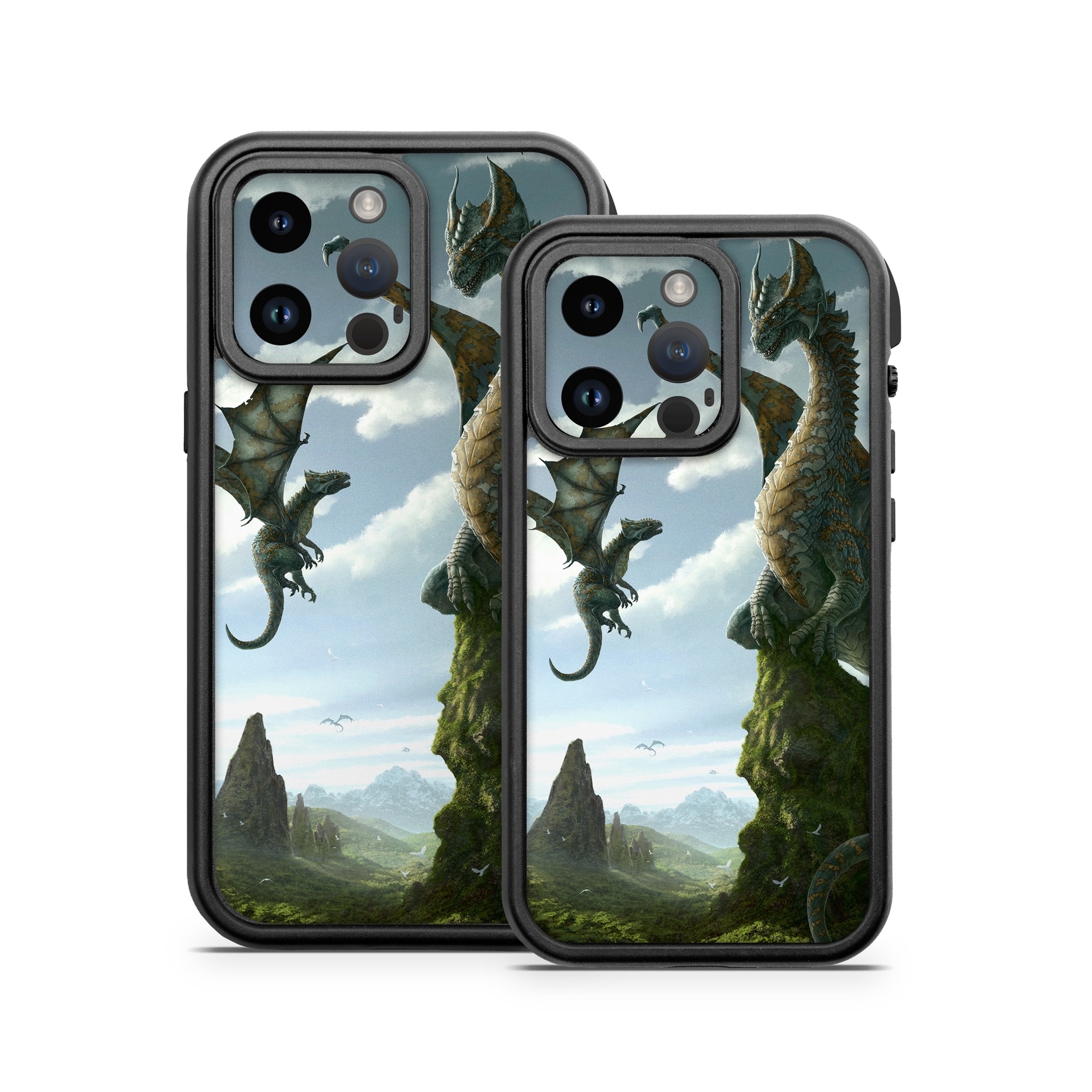 OtterBox Fre iPhone 14 Series Case Skin design of Dragon, Cg artwork, Fictional character, Mythical creature, Mythology, Extinction, Cryptid, Illustration, Games, Massively multiplayer online role-playing game, with black, gray, blue, white, purple colors